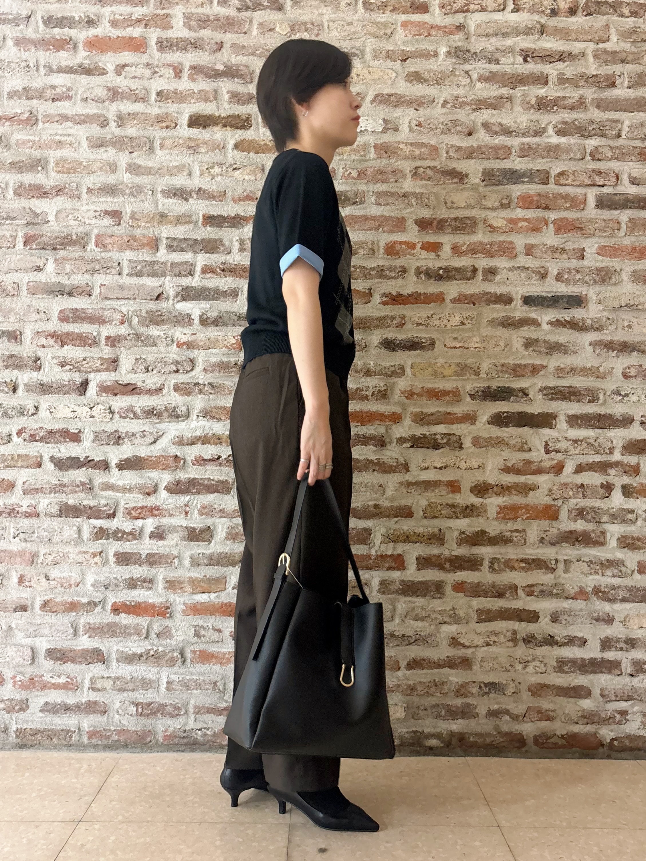しばさんの「THE SHOP TK｜POLO BCS/アーガイル5分袖ニット」を使ったコーディネート