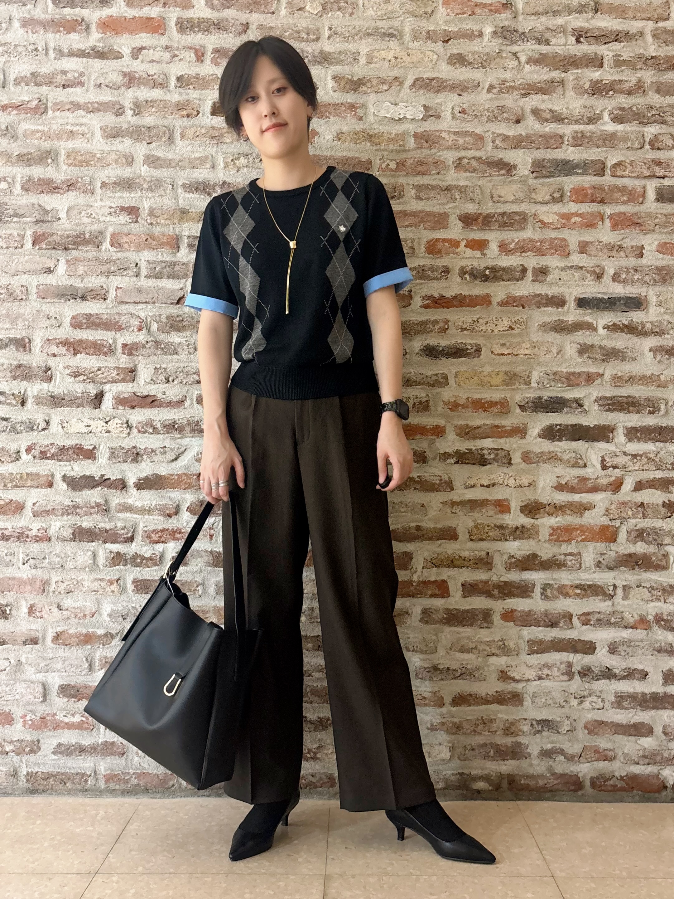 しばさんの「THE SHOP TK｜POLO BCS/アーガイル5分袖ニット」を使ったコーディネート