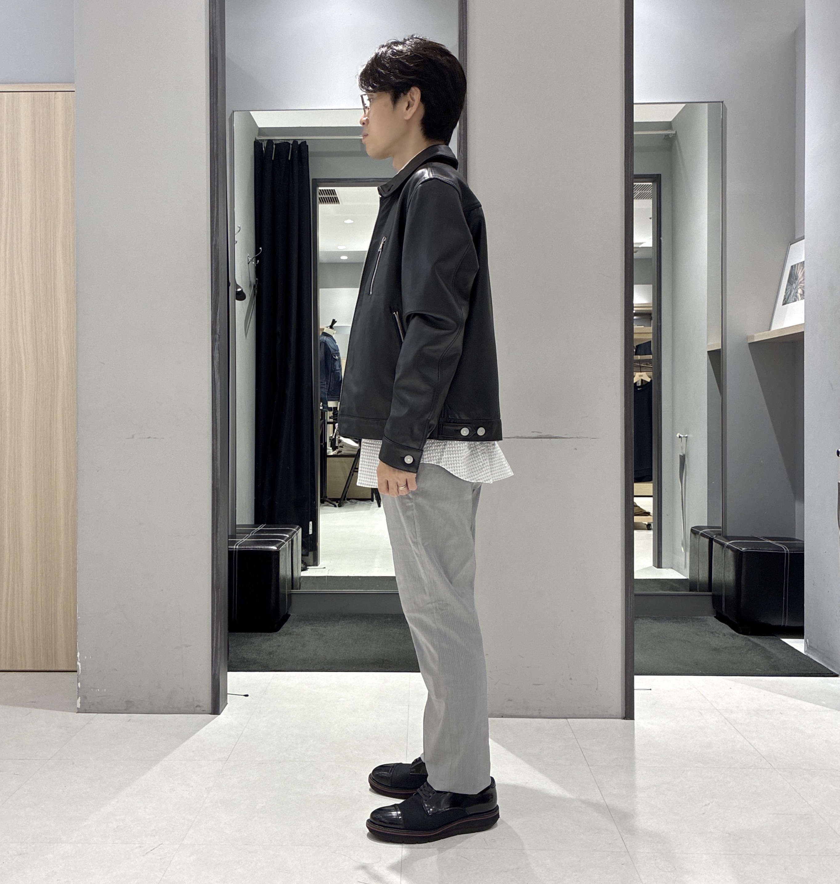 わいずみさんの「TAKEO KIKUCHI｜【BOWLER HAT LABEL】シングルレザーライダースジャケット」を使ったコーディネート