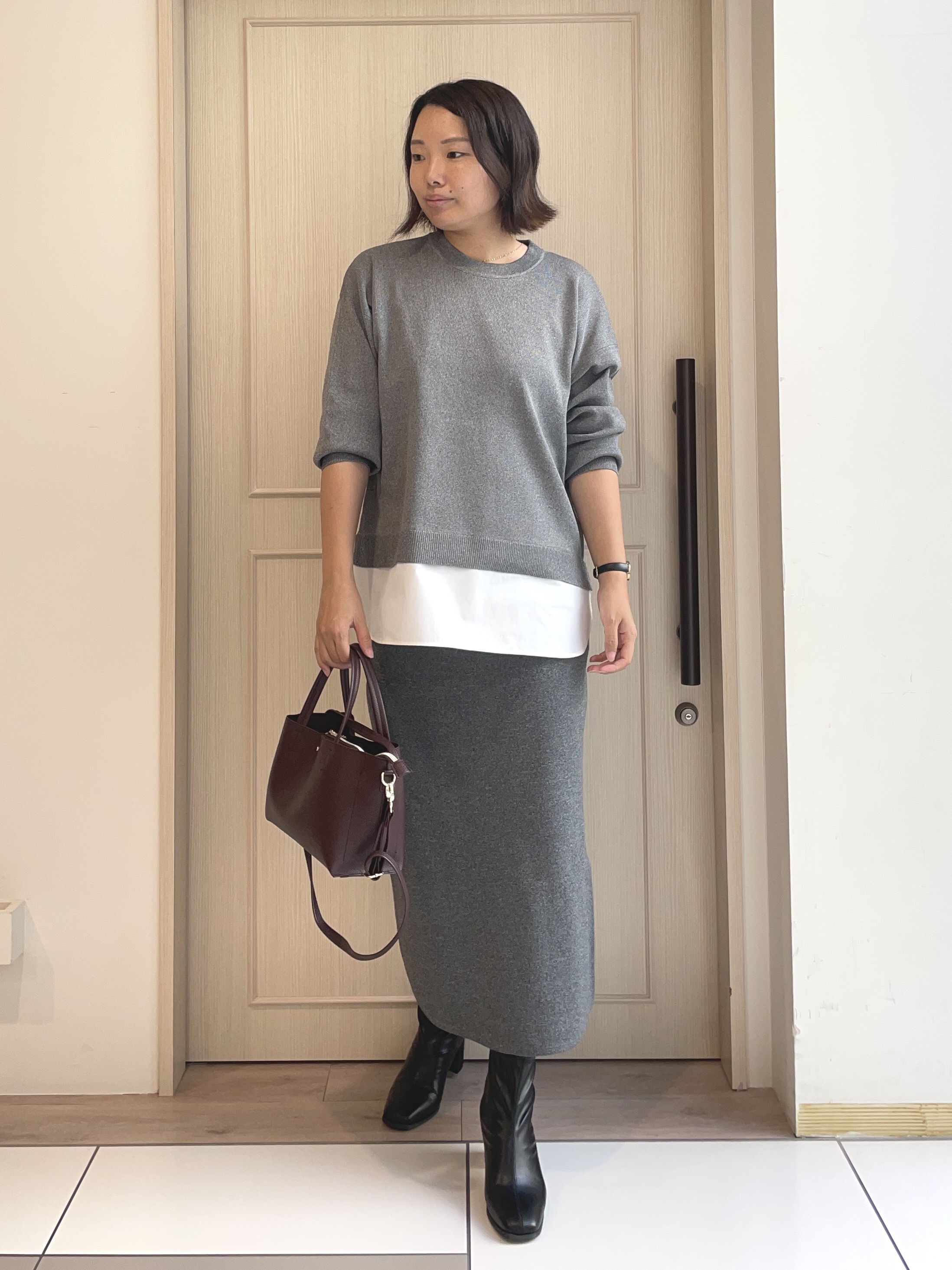 大畠和沙さんの「SHOO･LA･RUE｜【S-LL】着るだけできまる シャツレイヤード風 スポンディッシュニット」を使ったコーディネート