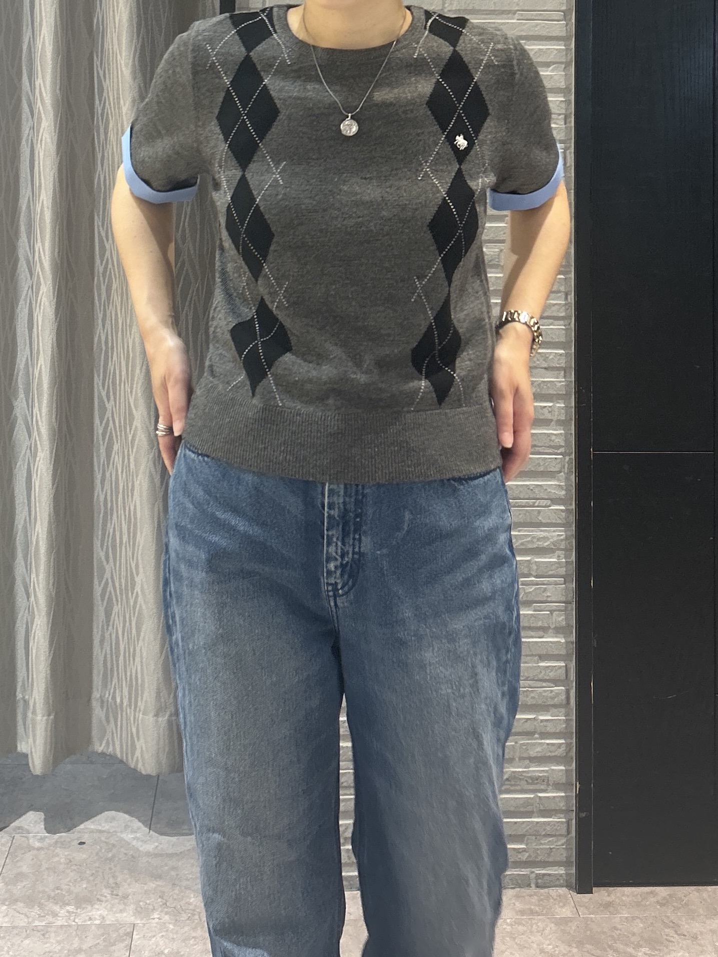 ga_riさんの「THE SHOP TK｜POLO BCS/アーガイル5分袖ニット」を使ったコーディネート