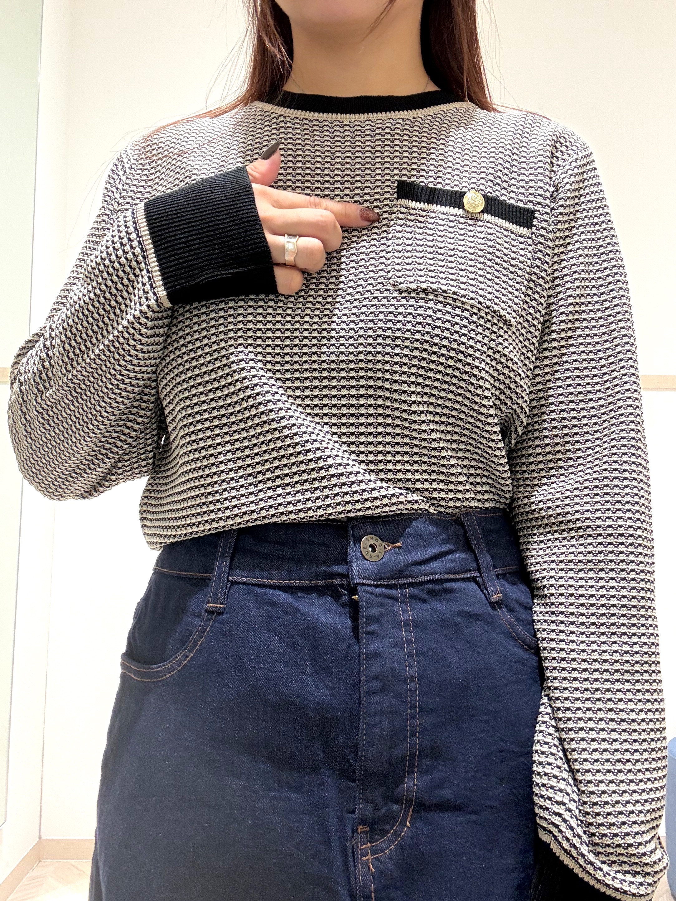 nanaさんの「SHOO･LA･RUE｜【S-LL/洗濯機可】1枚でサマになる カノコ編み配色クルーネックニット」を使ったコーディネート