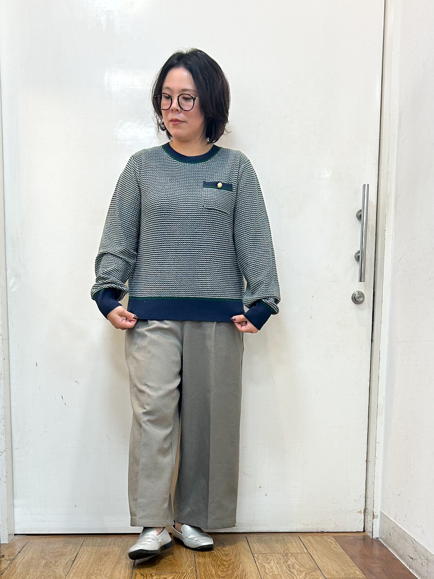 haruさんの「SHOO･LA･RUE｜【S-LL/洗濯機可】1枚でサマになる カノコ編み配色クルーネックニット」を使ったコーディネート
