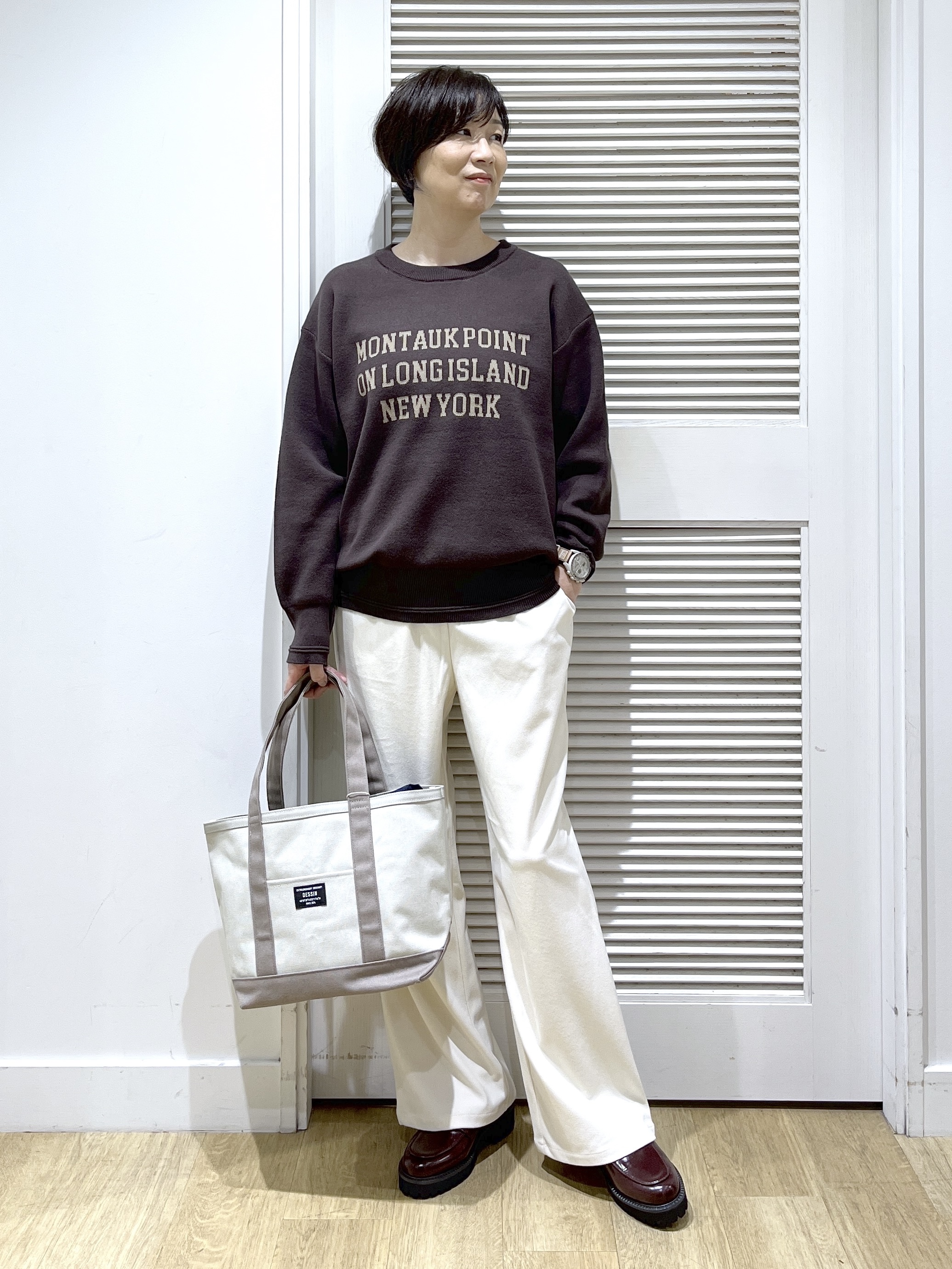 Miyazakiさんの「Dessin｜【洗える/ウエストゴム】ストレッチコーデュロイ セミワイドイージーパンツ」を使ったコーディネート