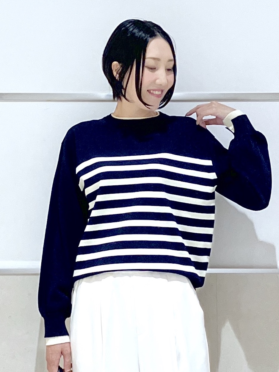 eriko さんの「Dessin｜【1枚でサマになる/洗濯機ＯＫ】レイヤード風 配色クルーネックニット」を使ったコーディネート
