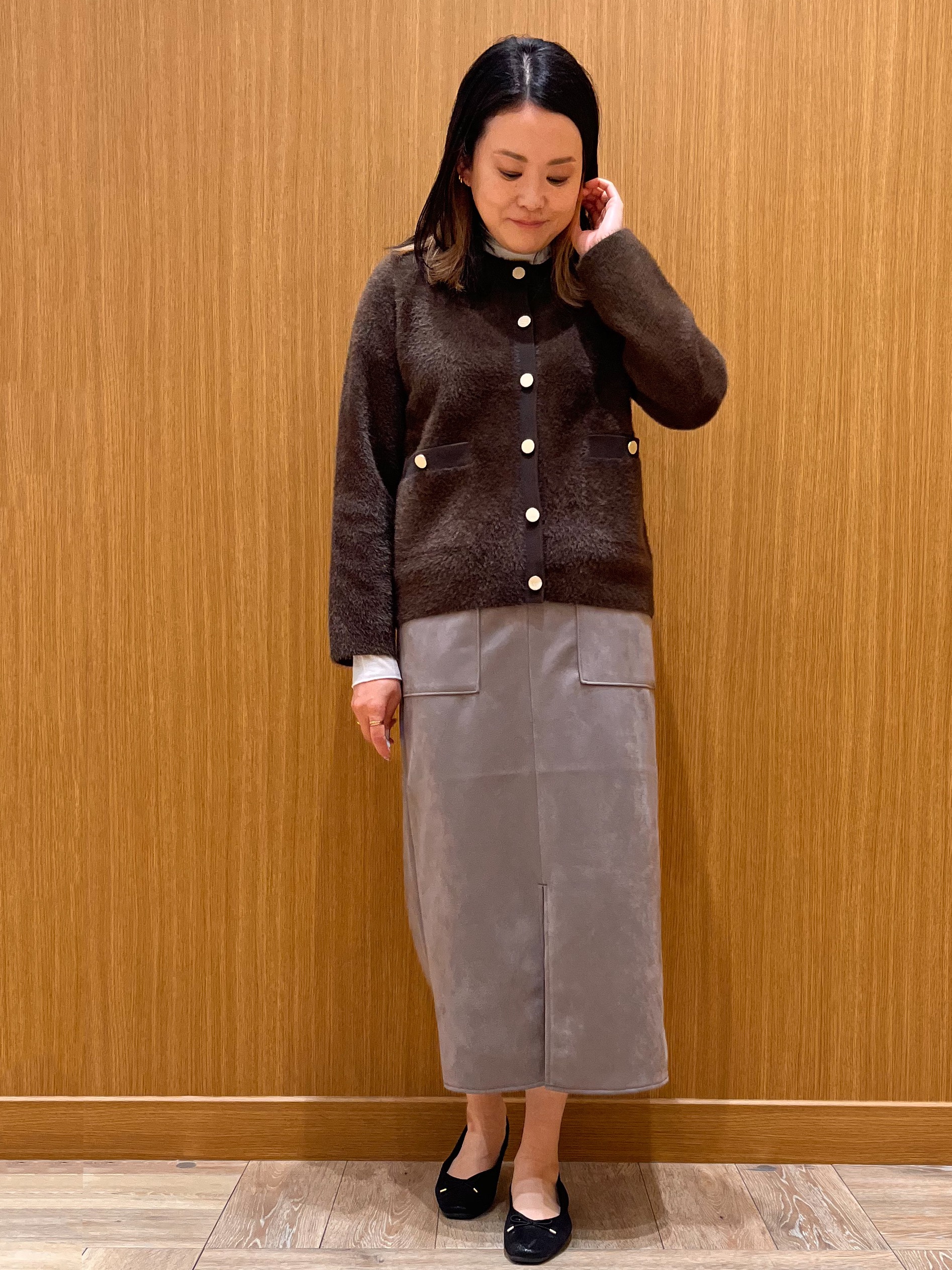 aさんの「OPAQUE.CLIP｜フェザーヤーンニットカーディガン【洗濯機OK】」を使ったコーディネート