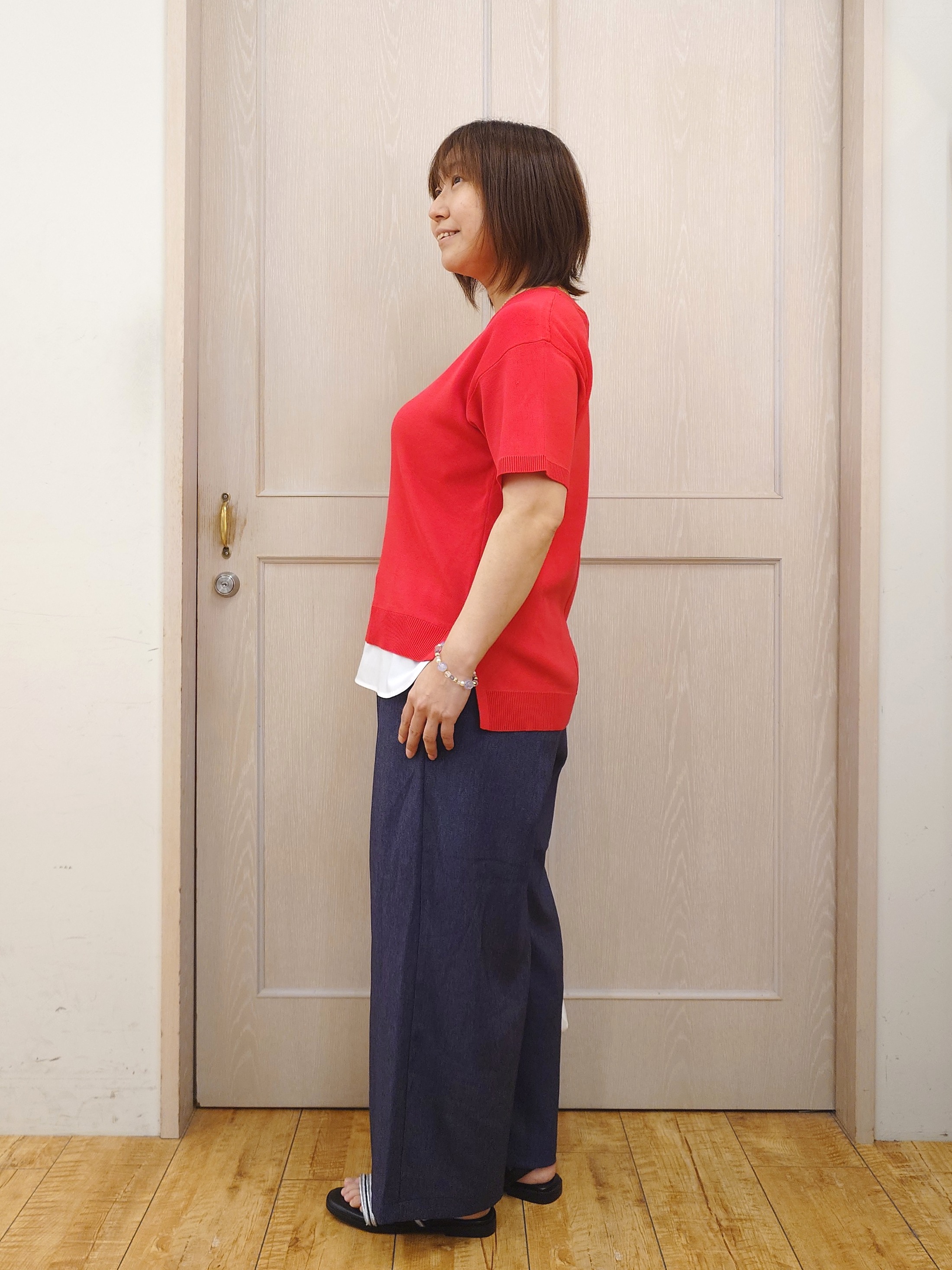 とろろさんの「SHOO･LA･RUE｜【UV/洗濯機可/S-LL】毛玉になりにくい シャツレイヤード風でこなれ見え 半袖ニット」を使ったコーディネート