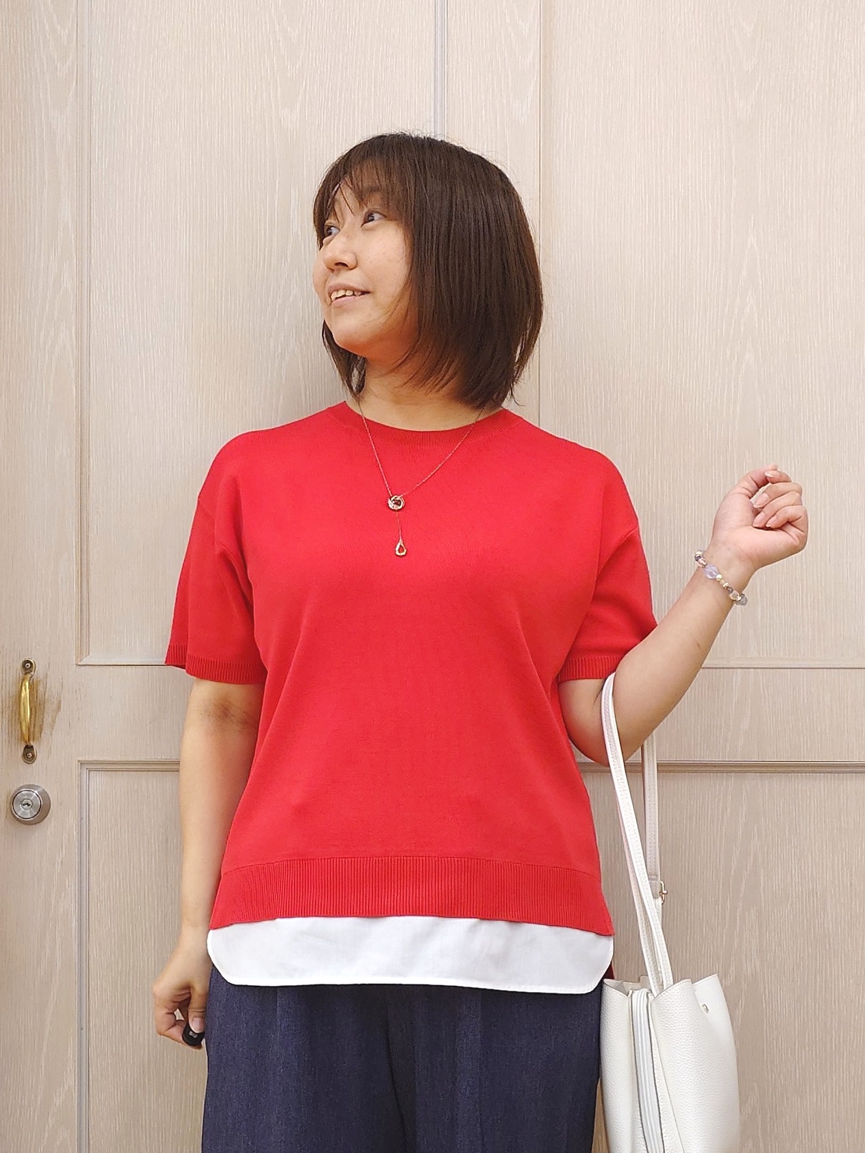 とろろさんの「SHOO･LA･RUE｜【UV/洗濯機可/S-LL】毛玉になりにくい シャツレイヤード風でこなれ見え 半袖ニット」を使ったコーディネート