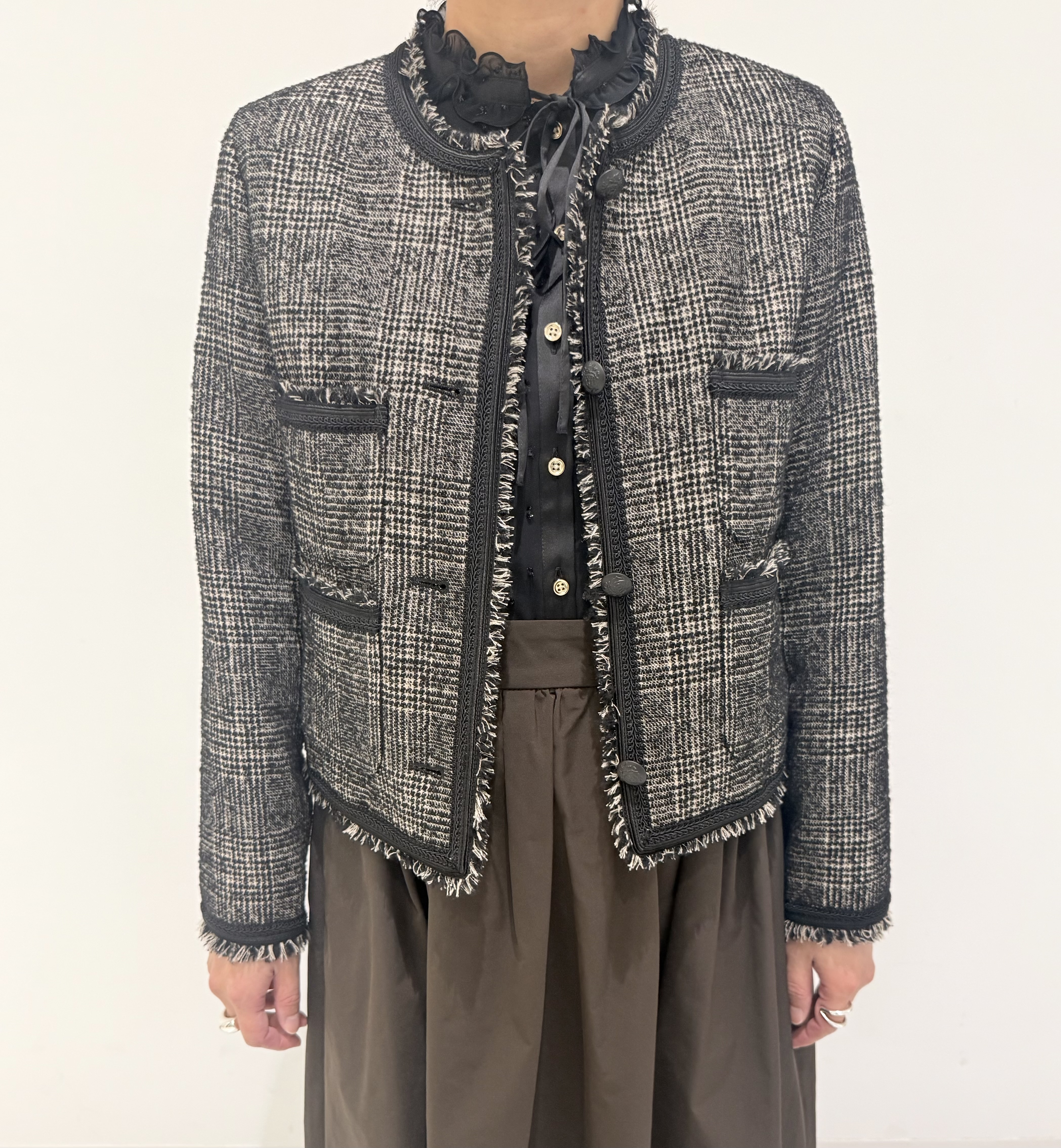 MIYAKAWAさんの「DRESSTERIOR｜【セットアップ可】ループグレンチェックノーカラージャケット」を使ったコーディネート