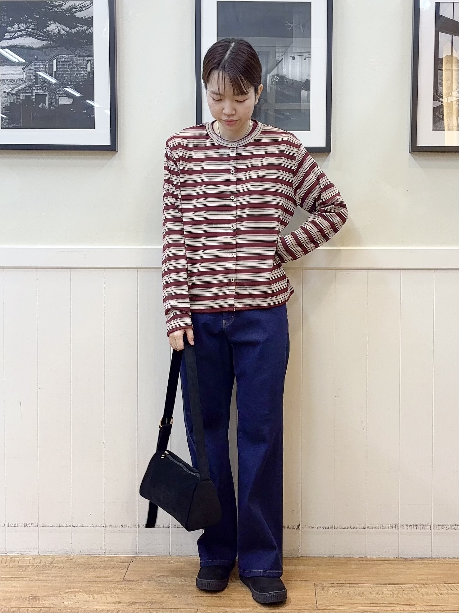 えぬさんの「SHOO･LA･RUE｜【2点セット/洗濯機可】マルチボーダーTシャツ+カーディガン」を使ったコーディネート