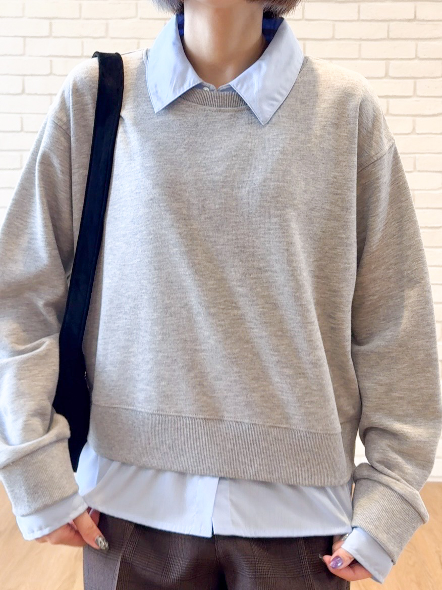 𝐜𝐡𝐢𝐤𝐚さんの「SHOO･LA･RUE｜【S-LL/洗濯機可】一枚でレイヤード感が完成する シャツドッキング裏毛トップス」を使ったコーディネート