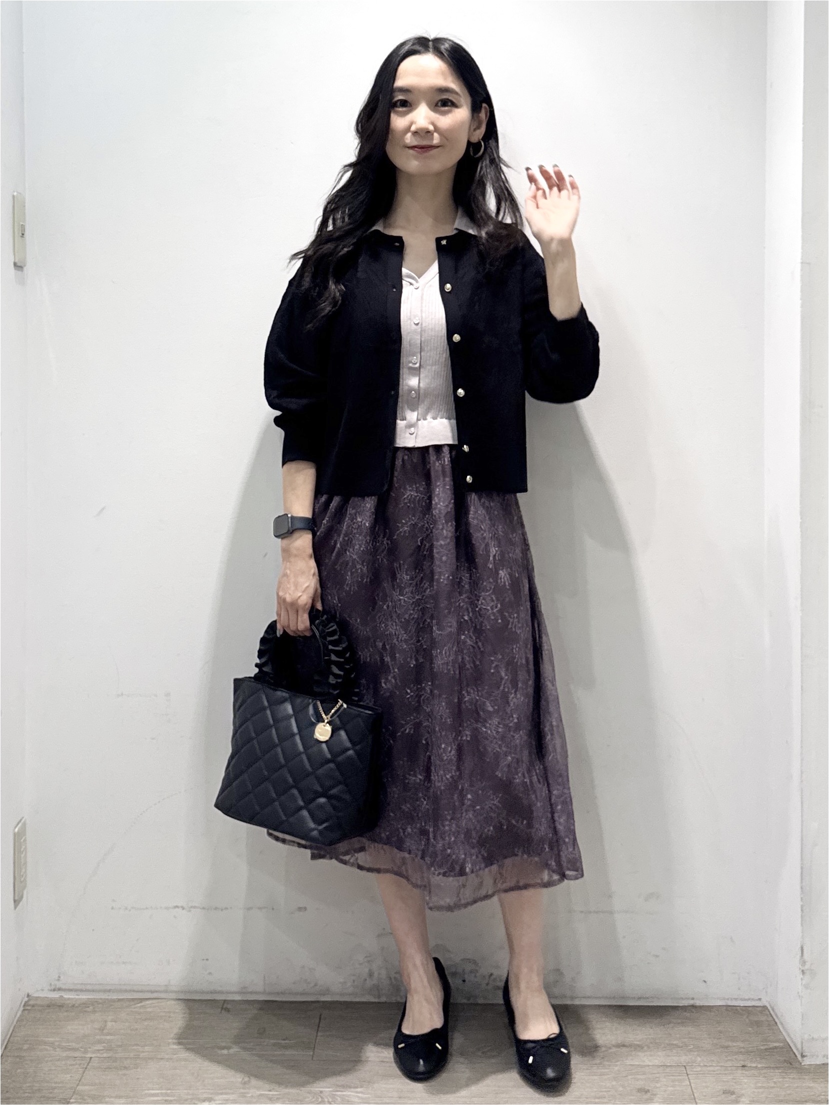 yuicciさんの「OPAQUE.CLIP｜【８色展開】柄アソートシアーカーディガン《洗濯機OK》」を使ったコーディネート