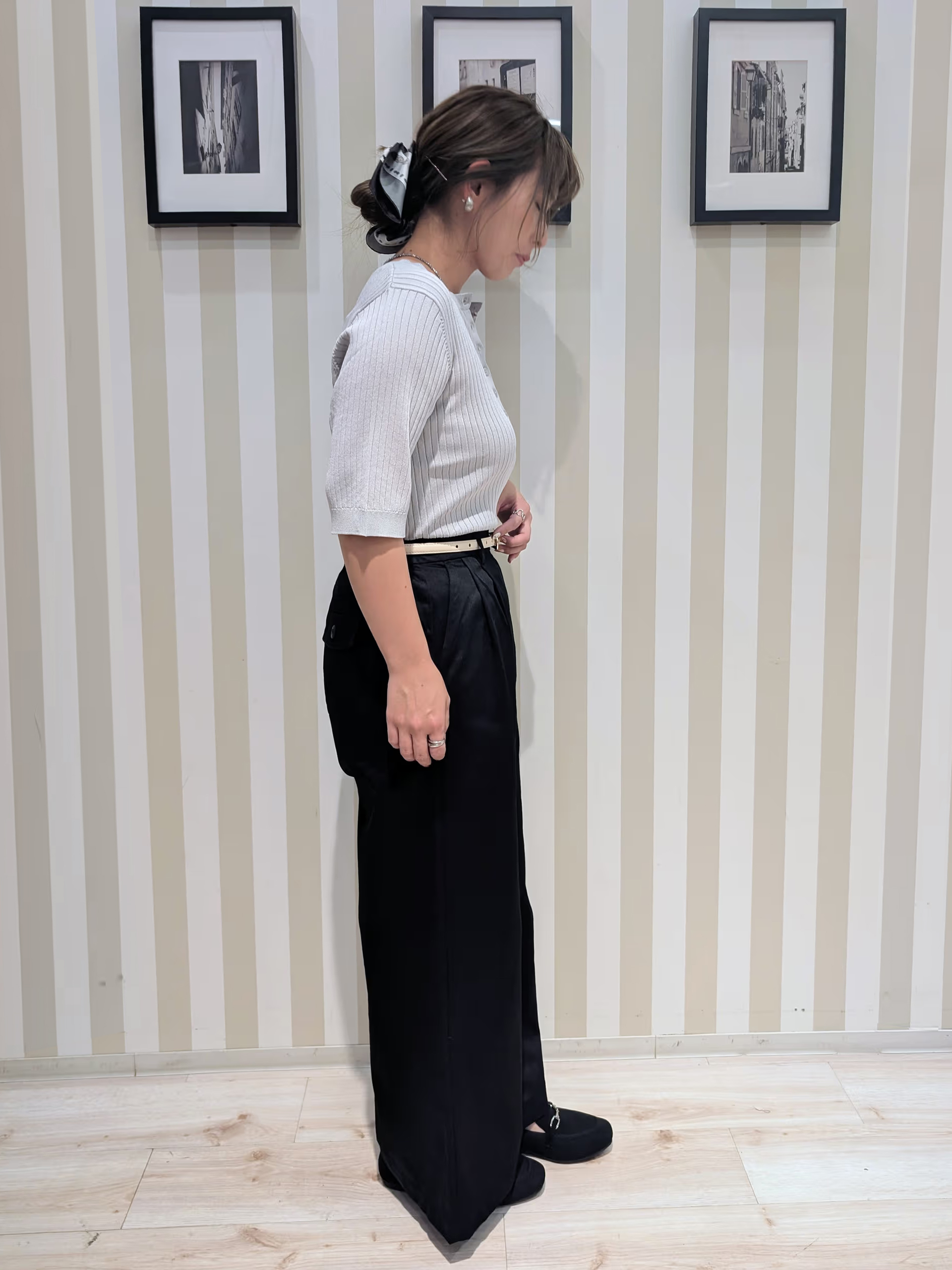 太田沙弥さんの「SHOO･LA･RUE｜【S-LL/洗濯機可】二の腕隠せる ヘンリーネック5分袖リブニット」を使ったコーディネート