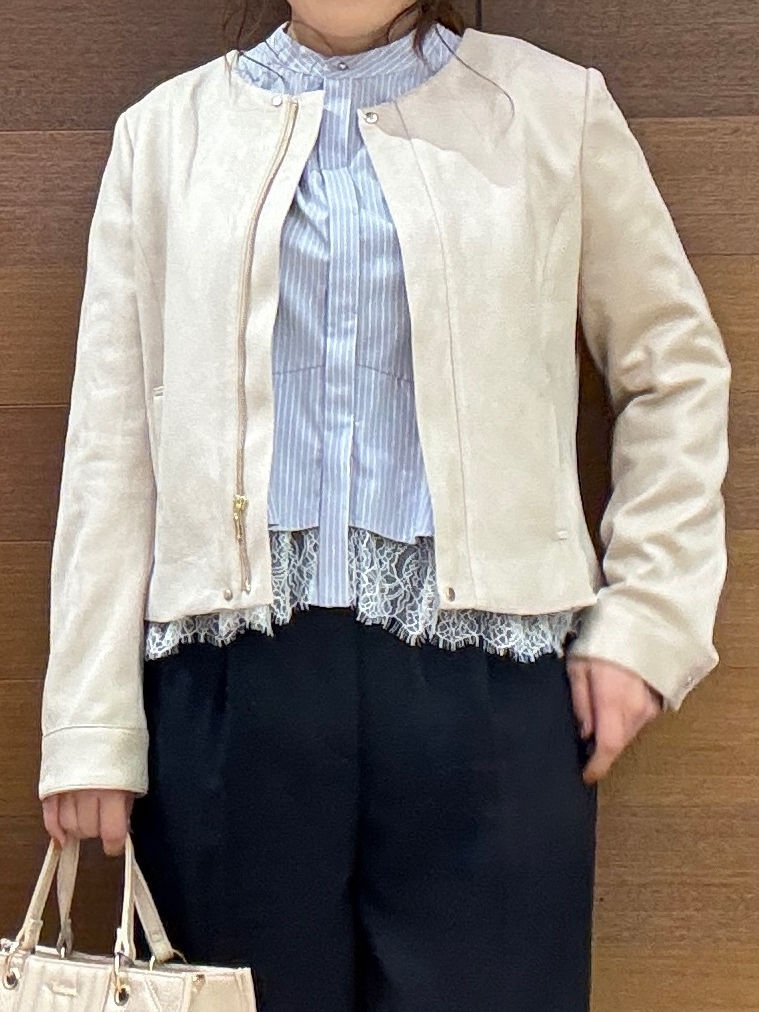 maichiさんの「OPAQUE.CLIP｜【洗える】レザー調／スウェード風ノーカラーブルゾン」を使ったコーディネート