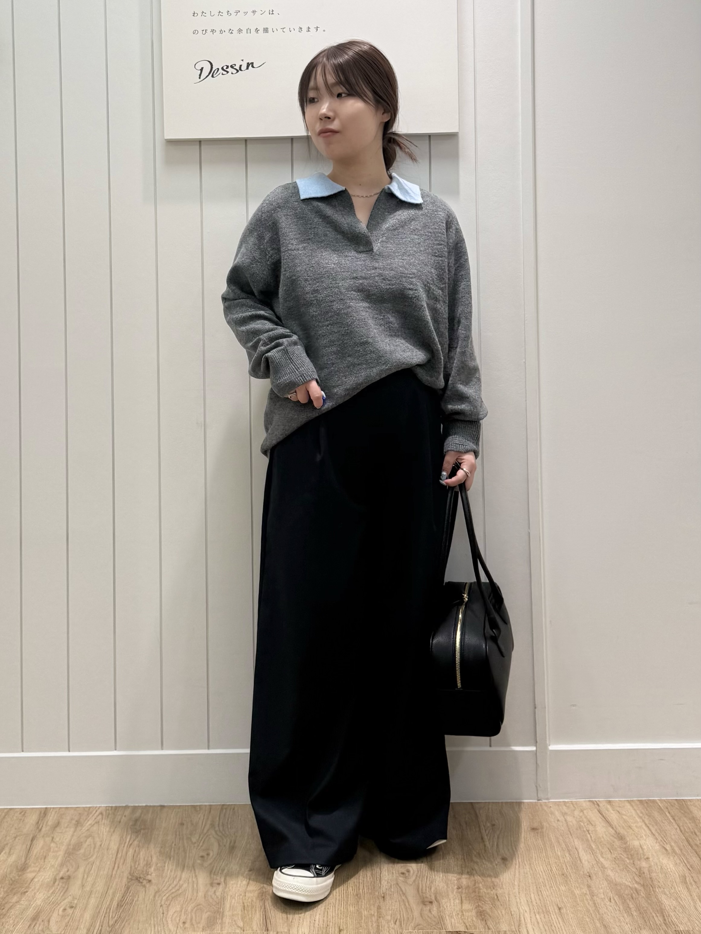 nahoさんの「Dessin｜【洗える/チクチクしにくい】モヘヤライク バイカラースキッパーポロニット」を使ったコーディネート