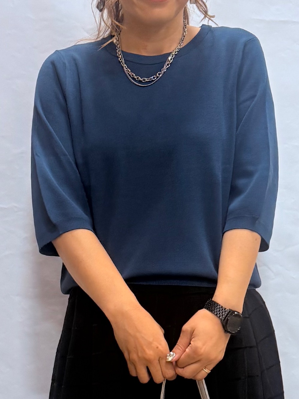 fuuさんの「SHOO･LA･RUE｜【ガンガン洗える/UV/毛玉になりにくい】二の腕見せない 5分袖ニット」を使ったコーディネート