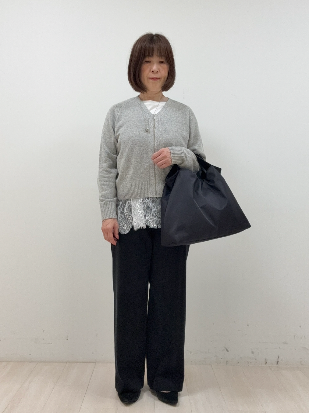まつさんの「UNTITLED｜【アンサンブル可/秋羽織り】杢調ジップカーディガン」を使ったコーディネート