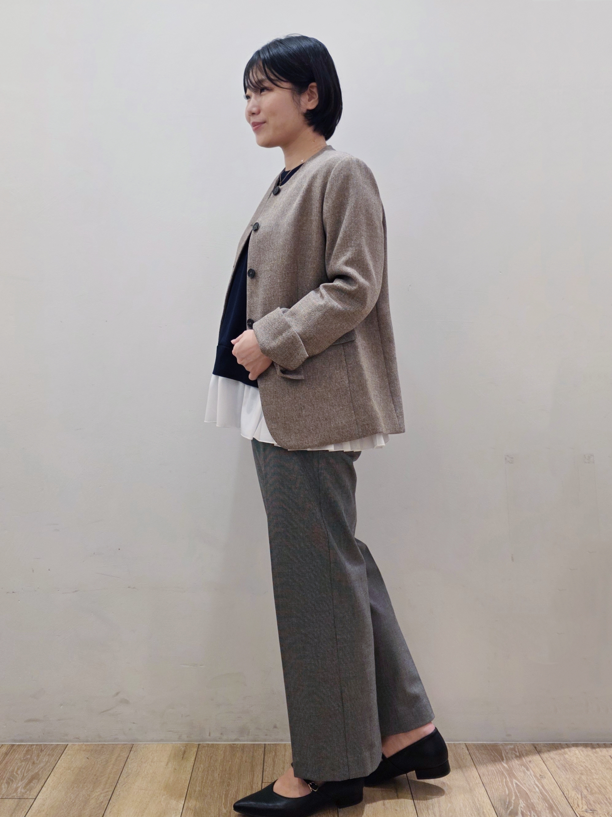 yuyuさんの「OPAQUE.CLIP｜ツイードライクノーカラージャケット【洗濯機OK】」を使ったコーディネート