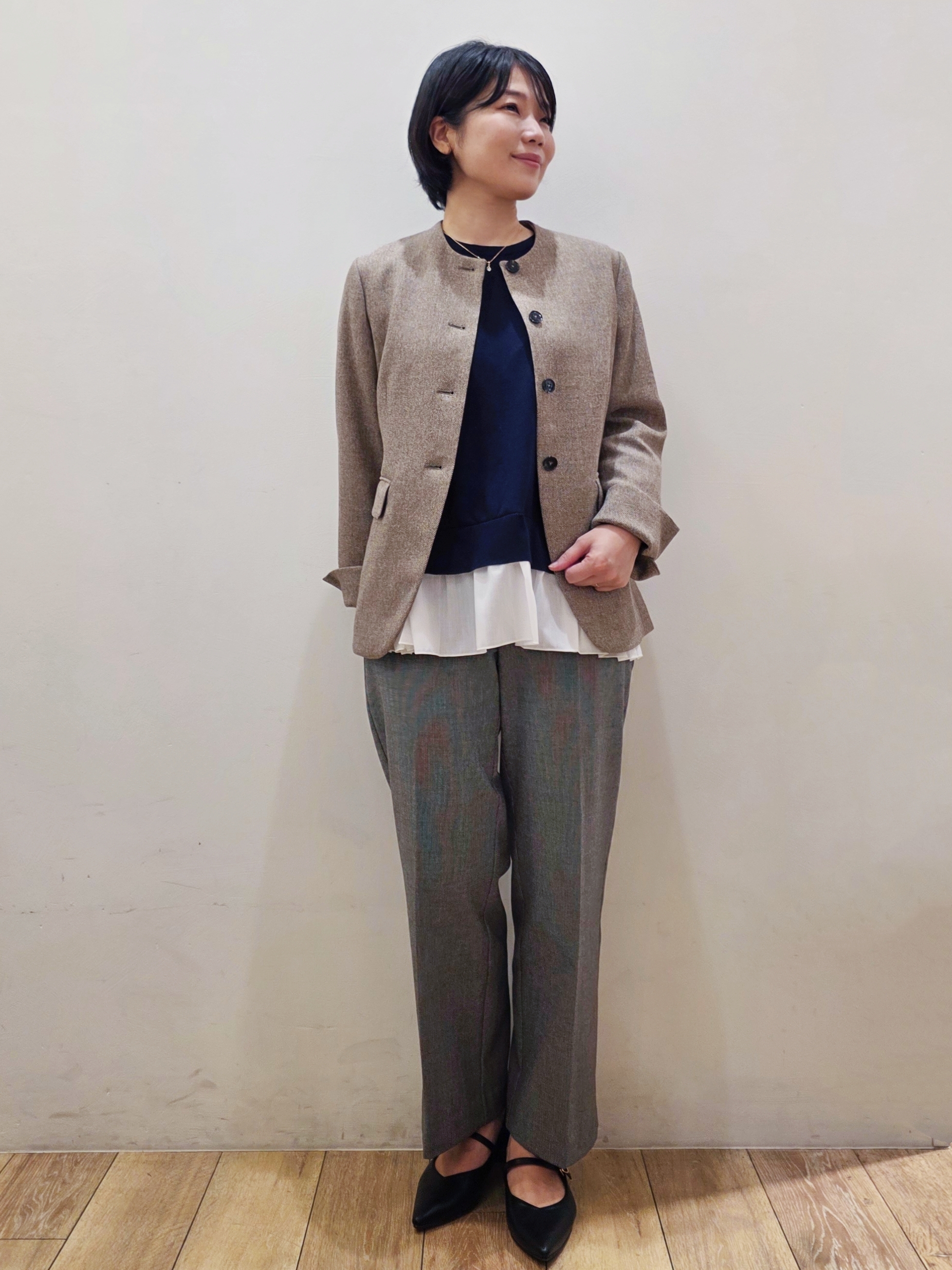 yuyuさんの「OPAQUE.CLIP｜ツイードライクノーカラージャケット【洗濯機OK】」を使ったコーディネート