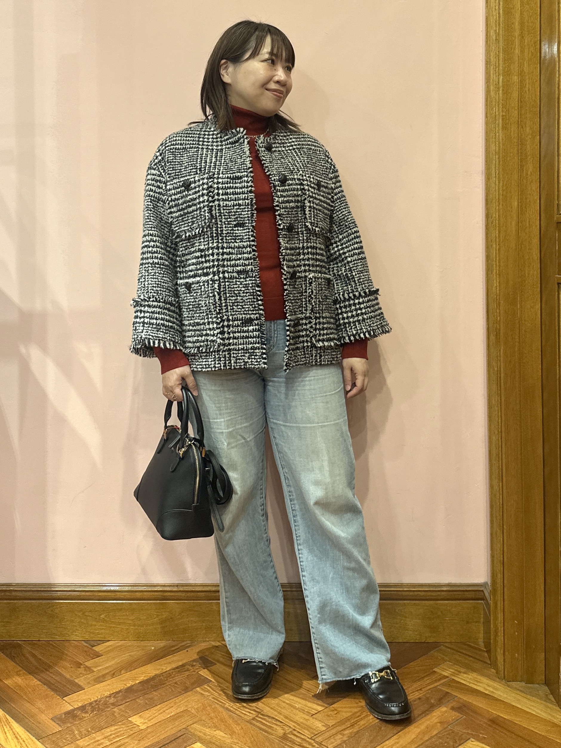 komatsuさんの「DRESSTERIOR｜グレンチェックツイードショートコート」を使ったコーディネート
