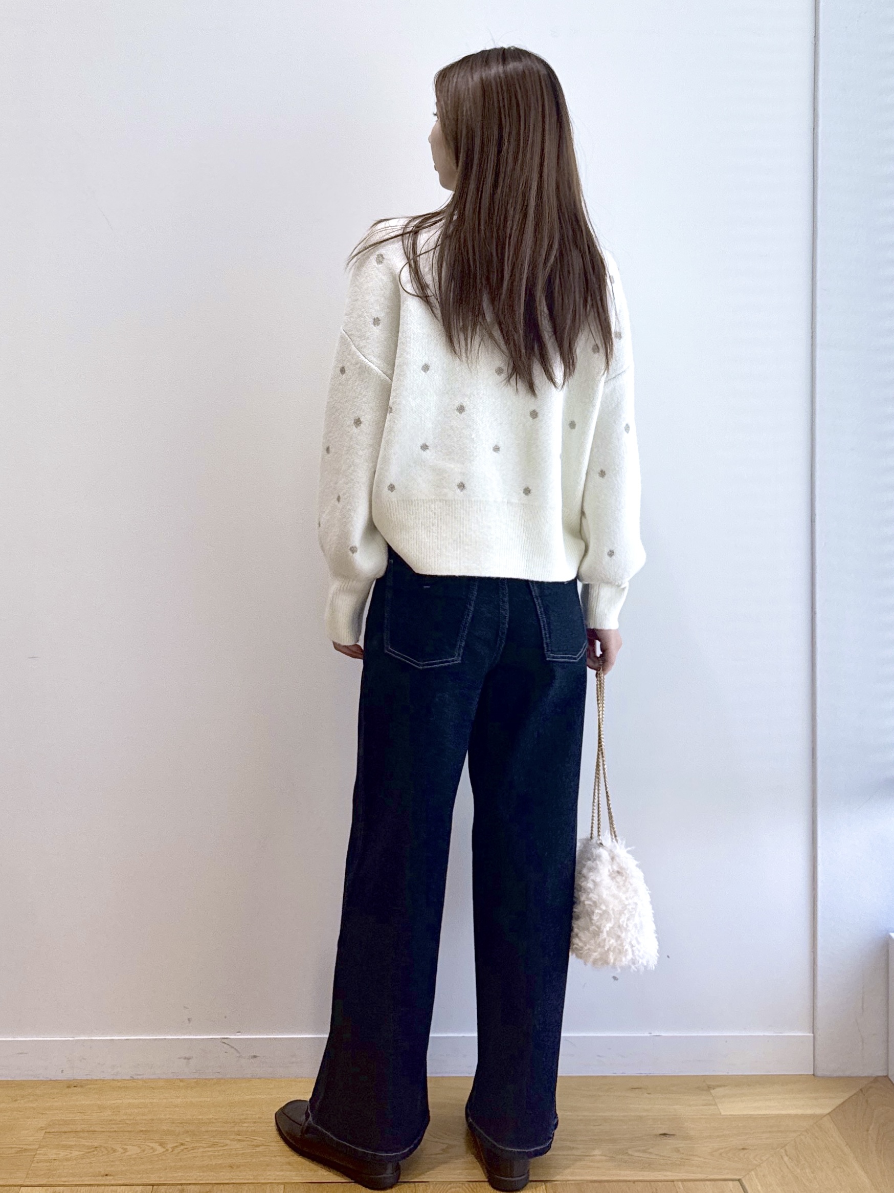 めぐさんの「OPAQUE.CLIP｜ラメドット柄ジャガードプルオーバーニット」を使ったコーディネート