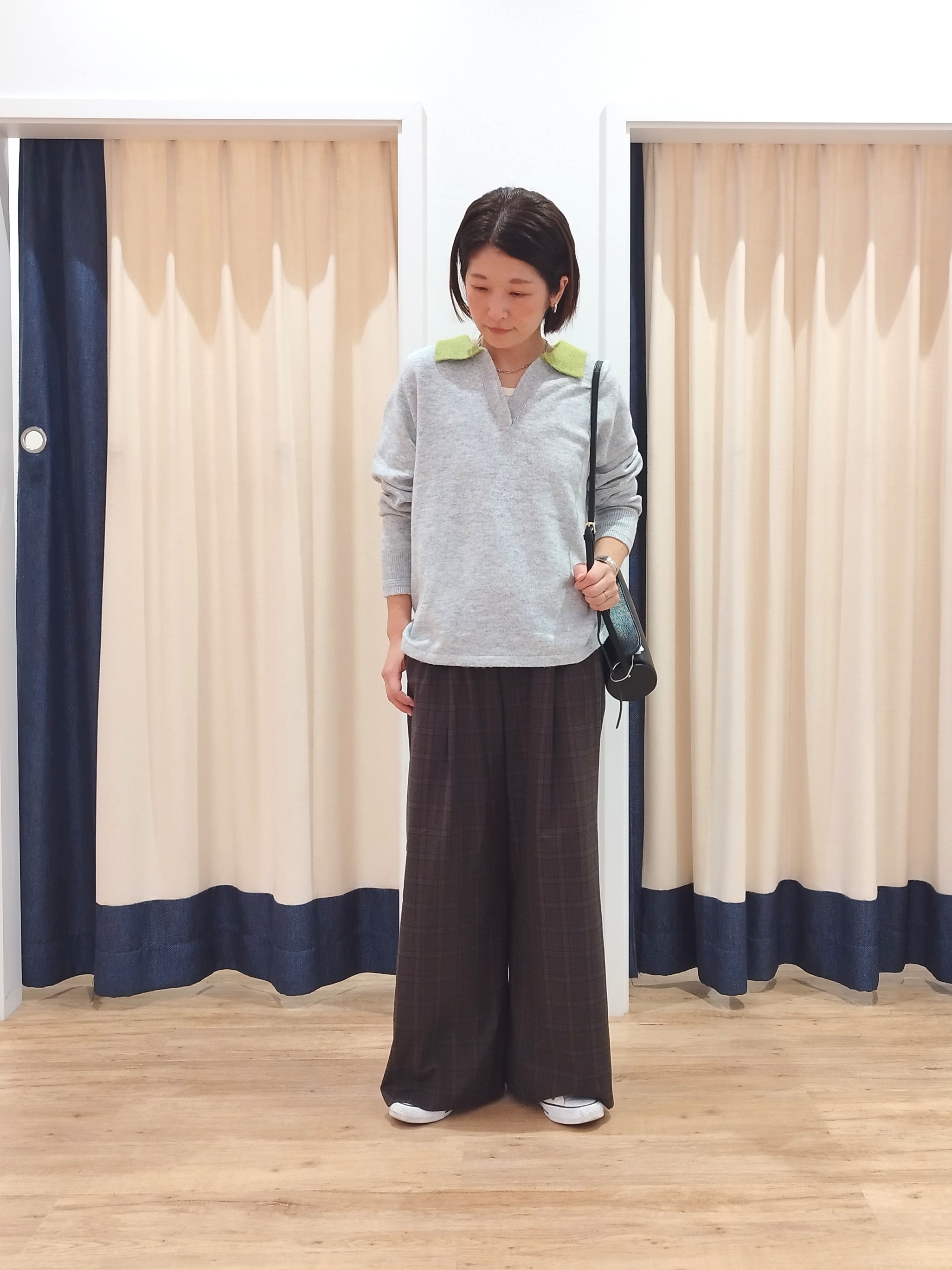 HIROさんの「Dessin｜【洗える/チクチクしにくい】モヘヤライク バイカラースキッパーポロニット」を使ったコーディネート