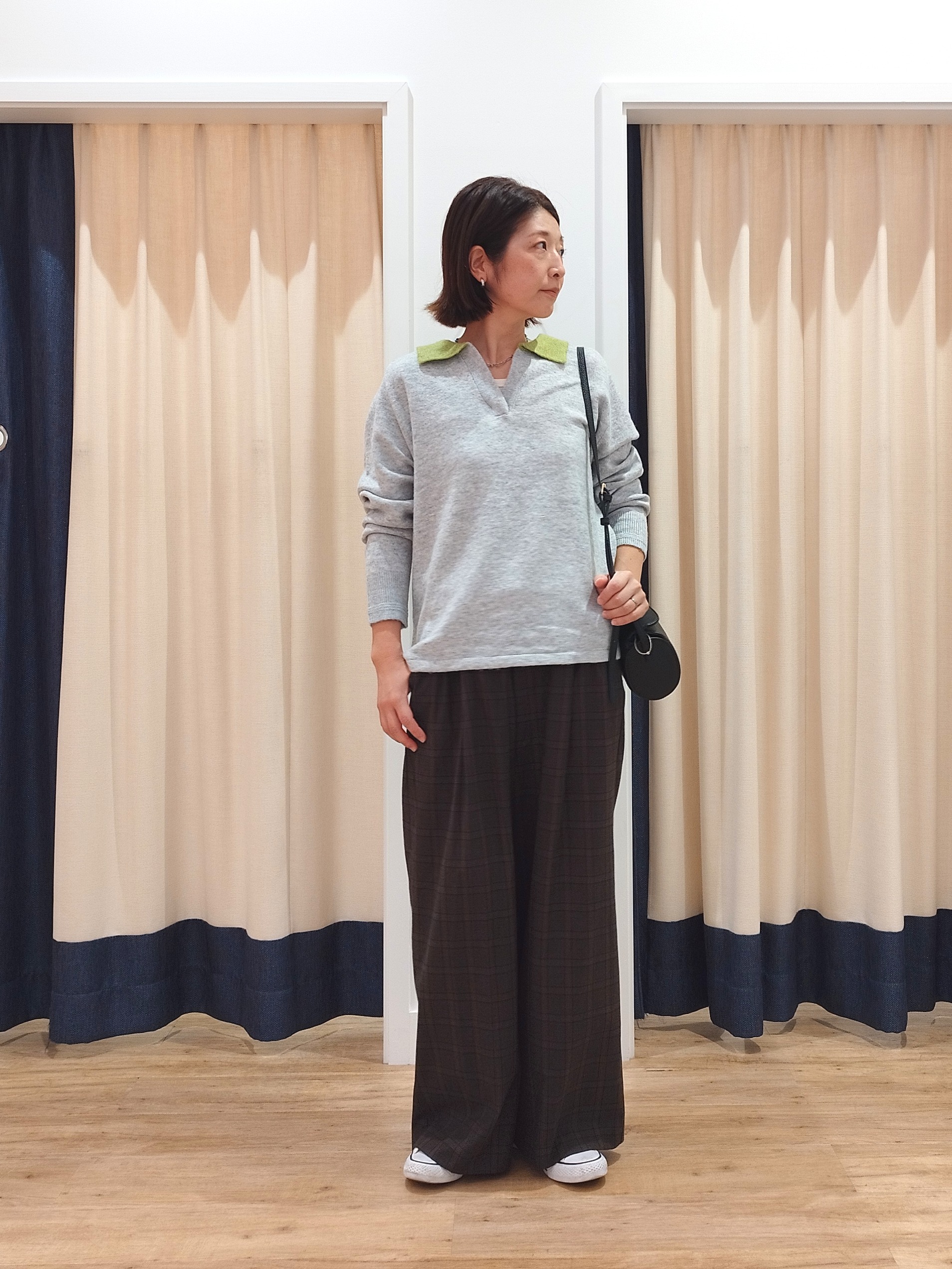 HIROさんの「Dessin｜【洗える/チクチクしにくい】モヘヤライク バイカラースキッパーポロニット」を使ったコーディネート