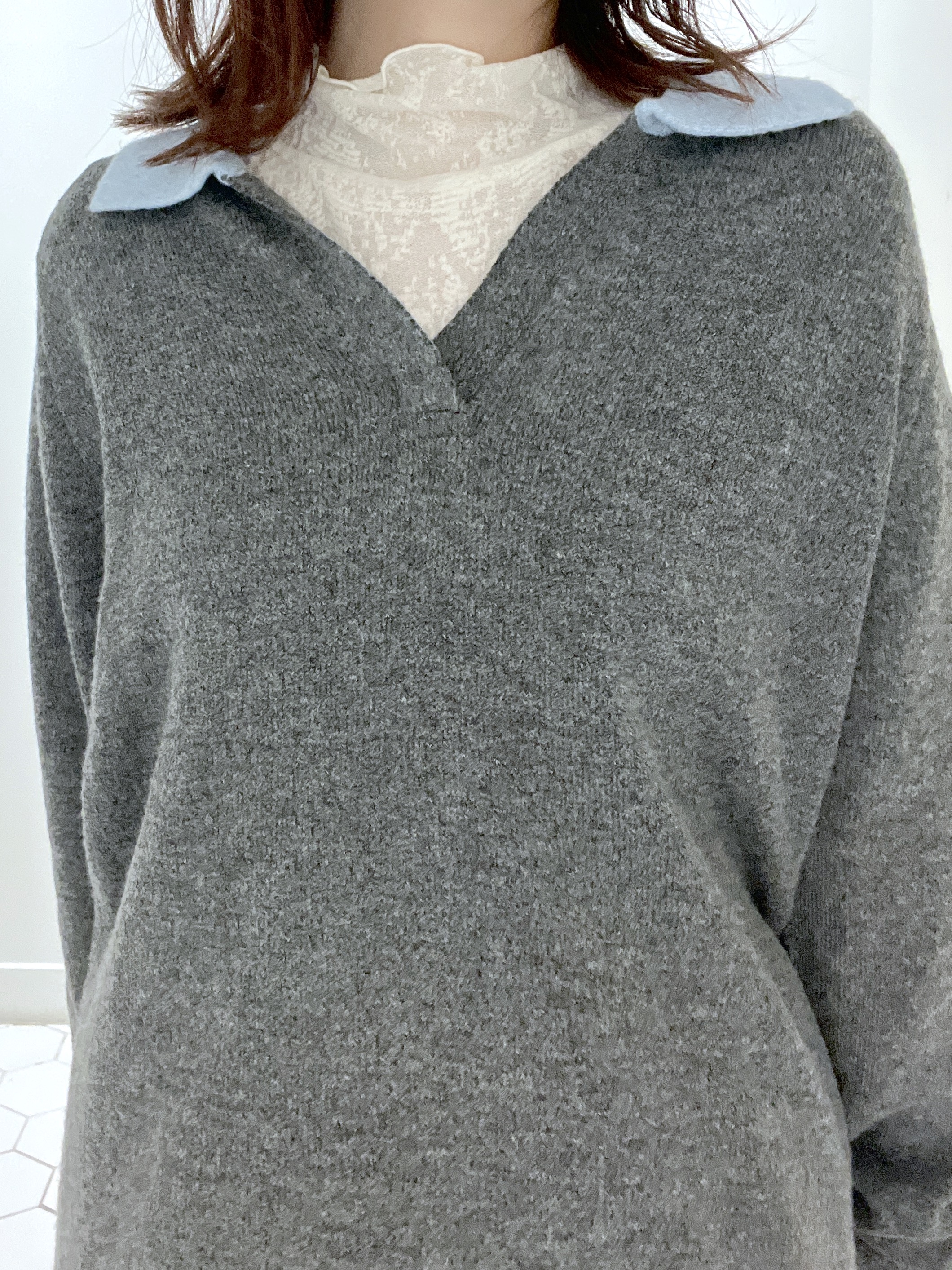 Makinoさんの「Dessin｜【洗える/チクチクしにくい】モヘヤライク バイカラースキッパーポロニット」を使ったコーディネート