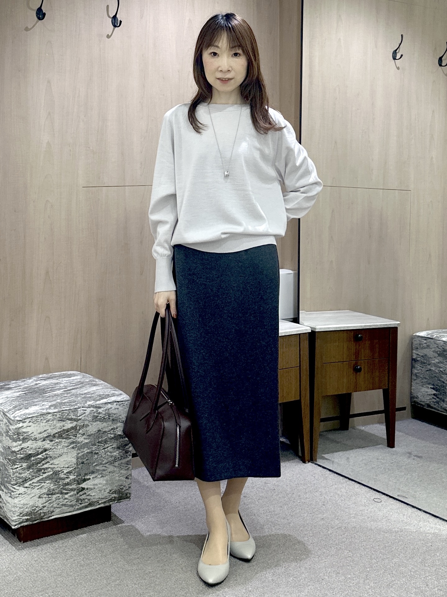 Miwaさんの「UNTITLED｜【アンサンブル可能/オンオフ使える】シルクウールカシミヤプルオーバー」を使ったコーディネート
