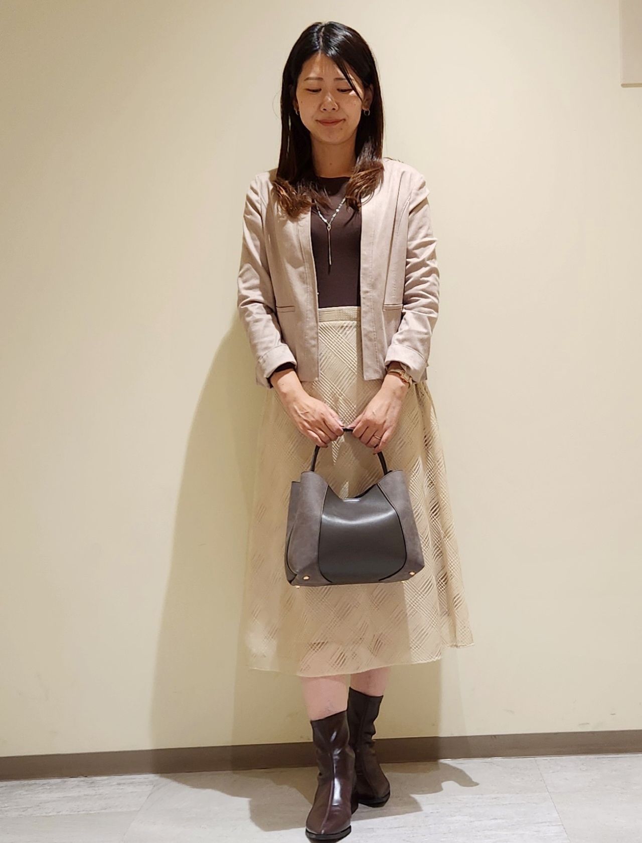 yukaさんの「COUP DE CHANCE｜【手洗い可/セットアップ可】スエード調ノーカラージャケット」を使ったコーディネート