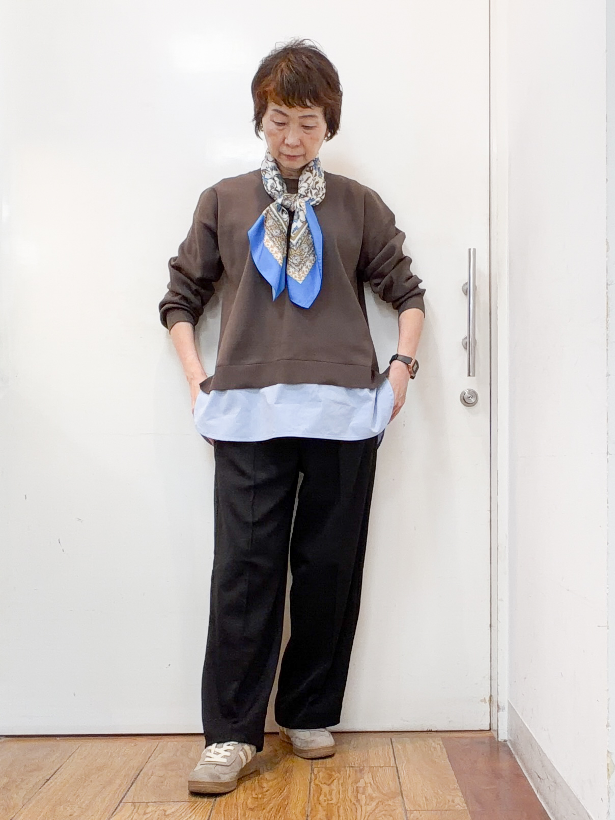 みぃさんの「SHOO･LA･RUE｜【S-LL】着るだけできまる シャツレイヤード風 スポンディッシュニット」を使ったコーディネート