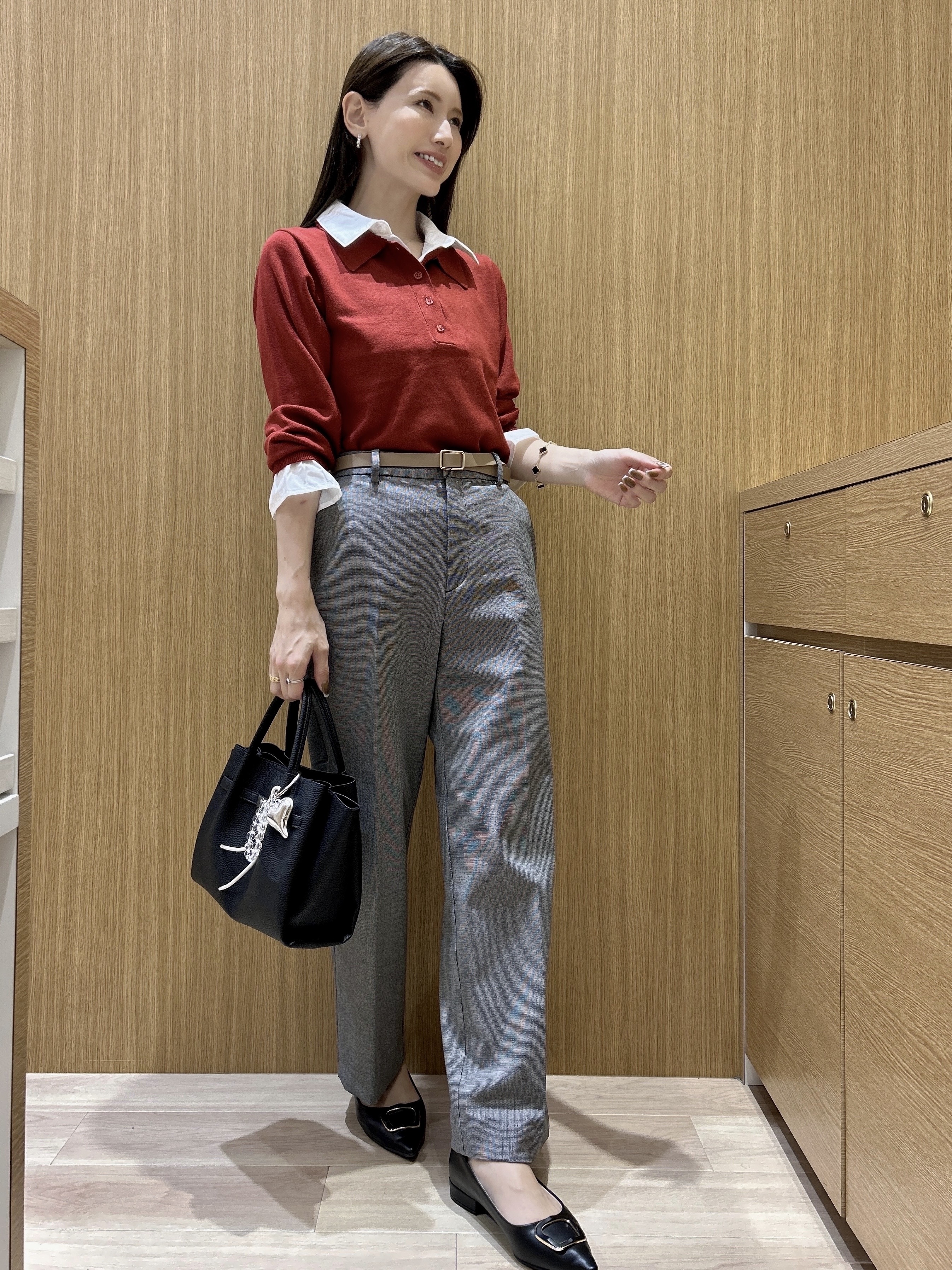 maiさんの「OPAQUE.CLIP｜シャツレイヤード風ポロニット【洗濯機OK】」を使ったコーディネート
