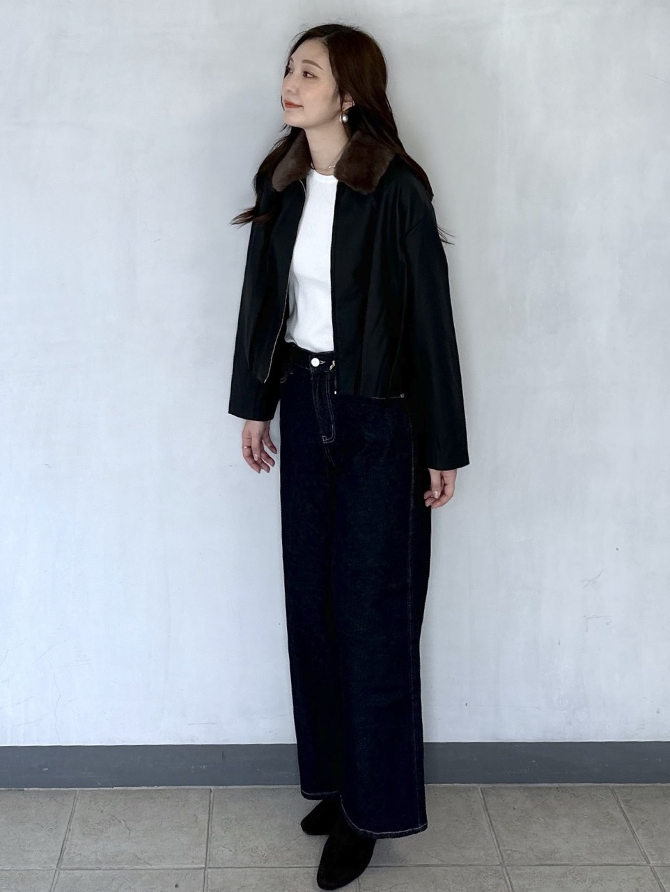 keito.iさんの「OPAQUE.CLIP｜フェイクファー衿付き マットレザー調ブルゾン【洗える】」を使ったコーディネート