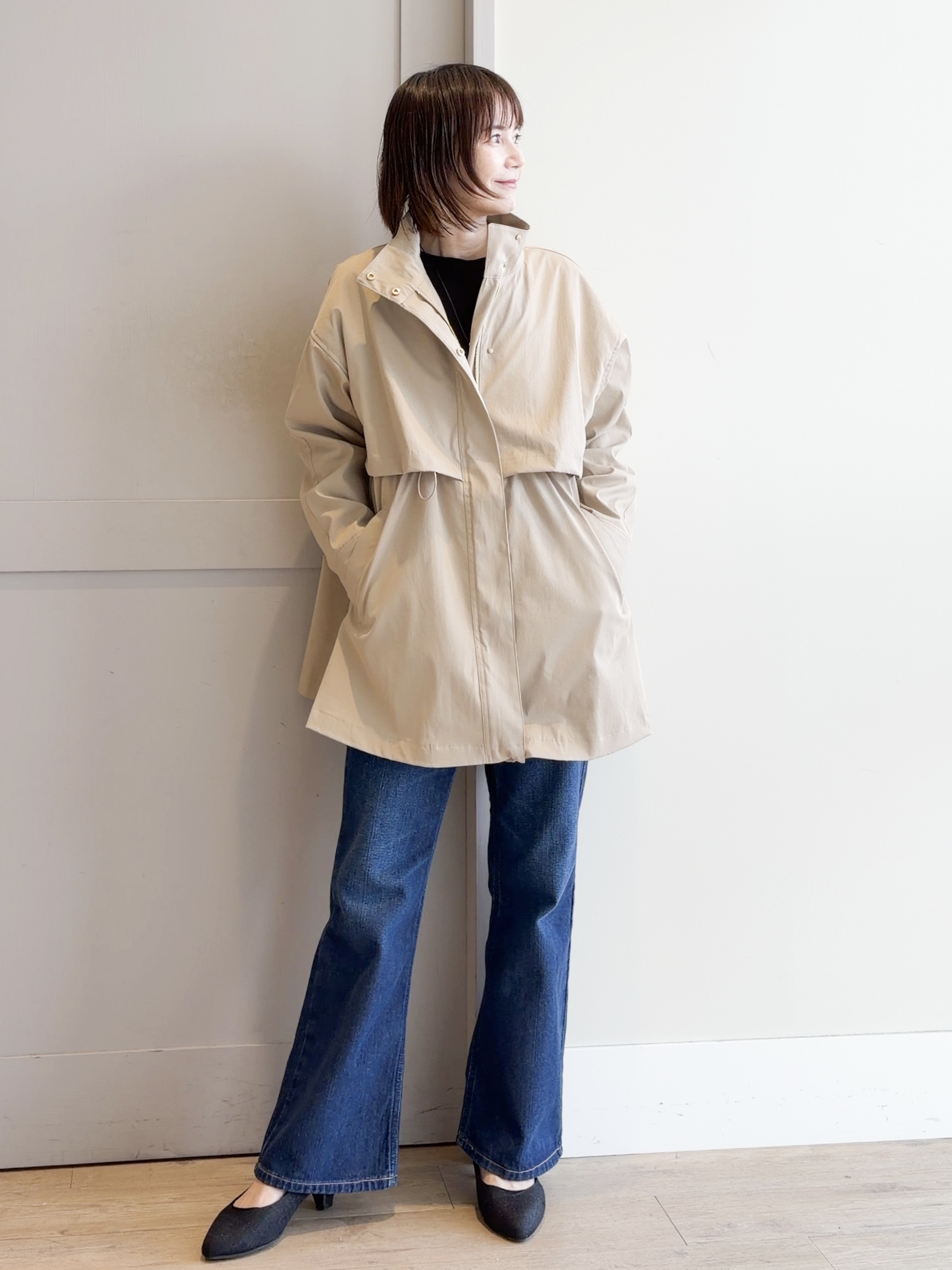 yamakoさんの「grove｜【撥水／シルエット2WAY】ゆったり着られて体型カバー◎ スタンドネック テントラインコート」を使ったコーディネート