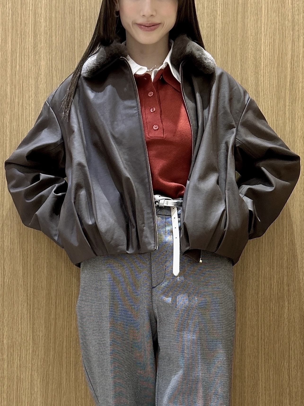 maiさんの「OPAQUE.CLIP｜フェイクファー衿付き マットレザー調ブルゾン【洗える】」を使ったコーディネート