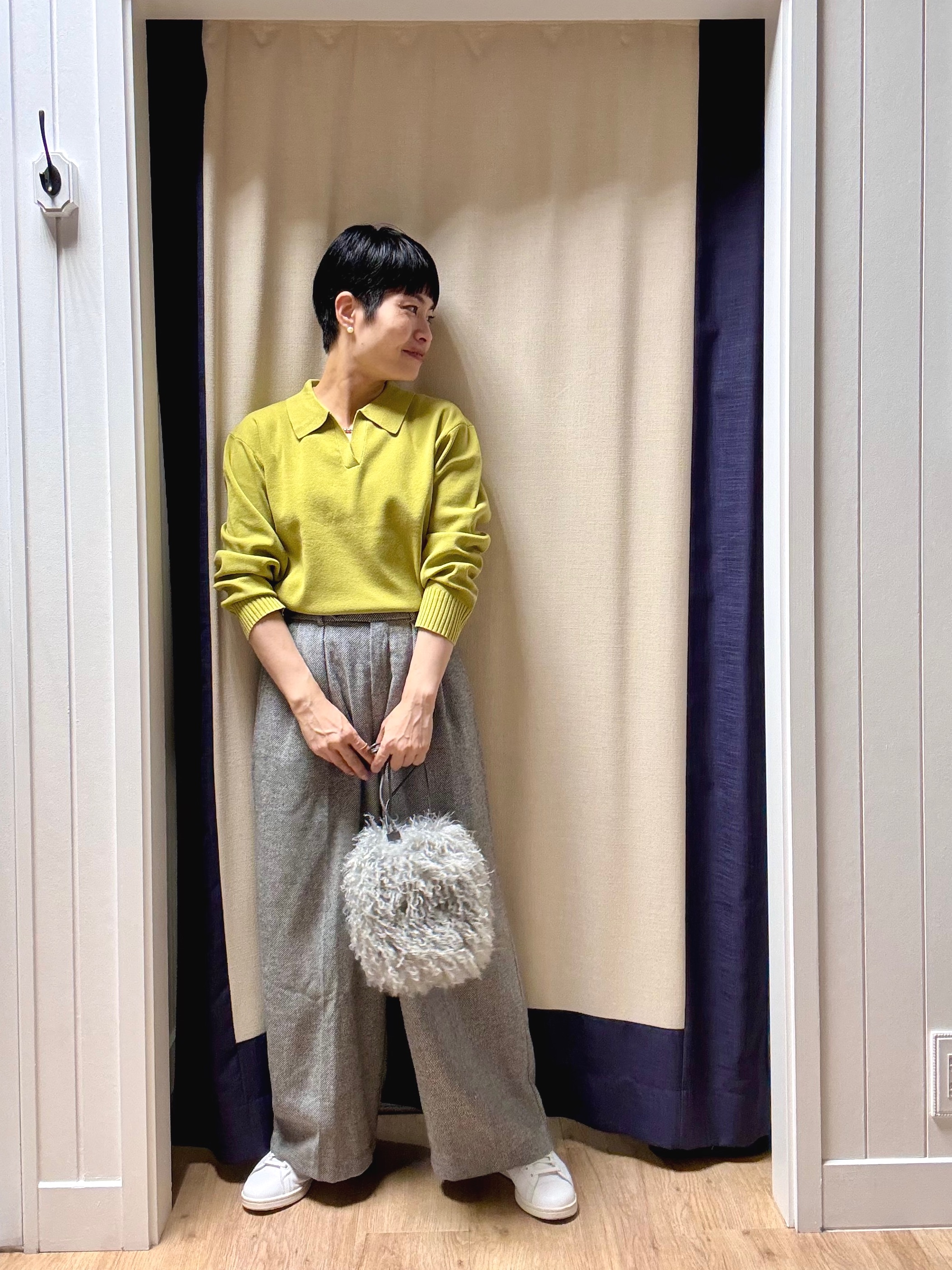Suzuさんの「Dessin｜【洗濯機OK】抜け感スキッパーポロニット」を使ったコーディネート