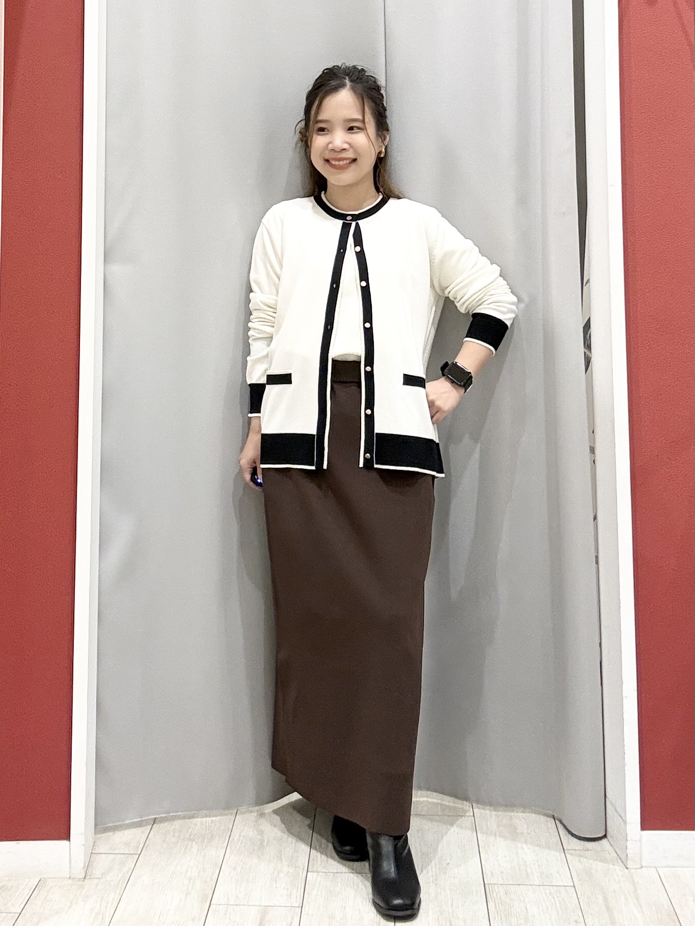 shioさんの「SHOO･LA･RUE｜【S-LL/洗濯機可】配色使いが目を惹く クルーネックニットカーディガン」を使ったコーディネート