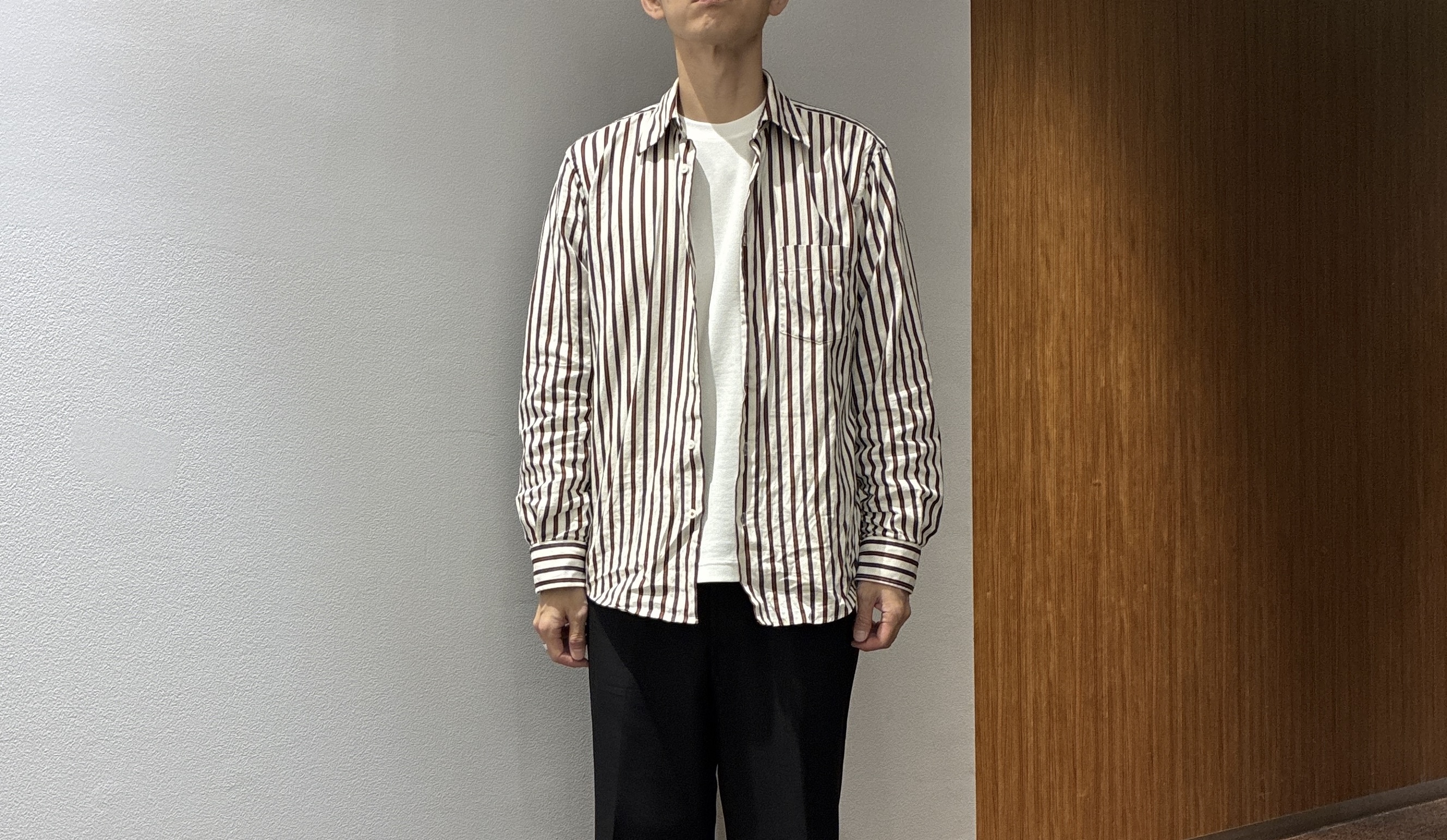 わいずみさんの「TAKEO KIKUCHI｜【BOWLER HAT LABEL】日本製オルタネートストライプシャツ」を使ったコーディネート
