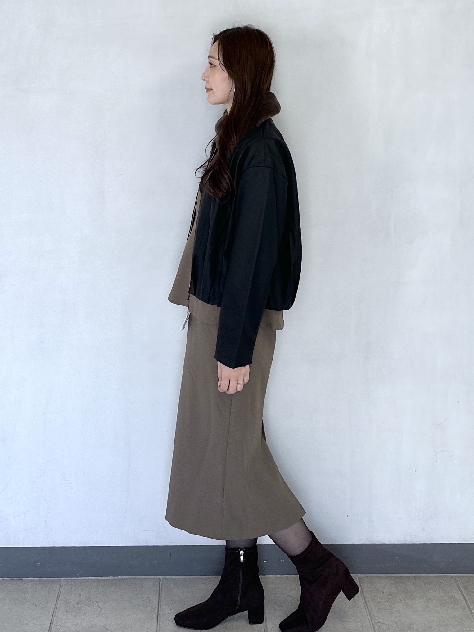 keito.iさんの「OPAQUE.CLIP｜フェイクファー衿付き マットレザー調ブルゾン【洗える】」を使ったコーディネート