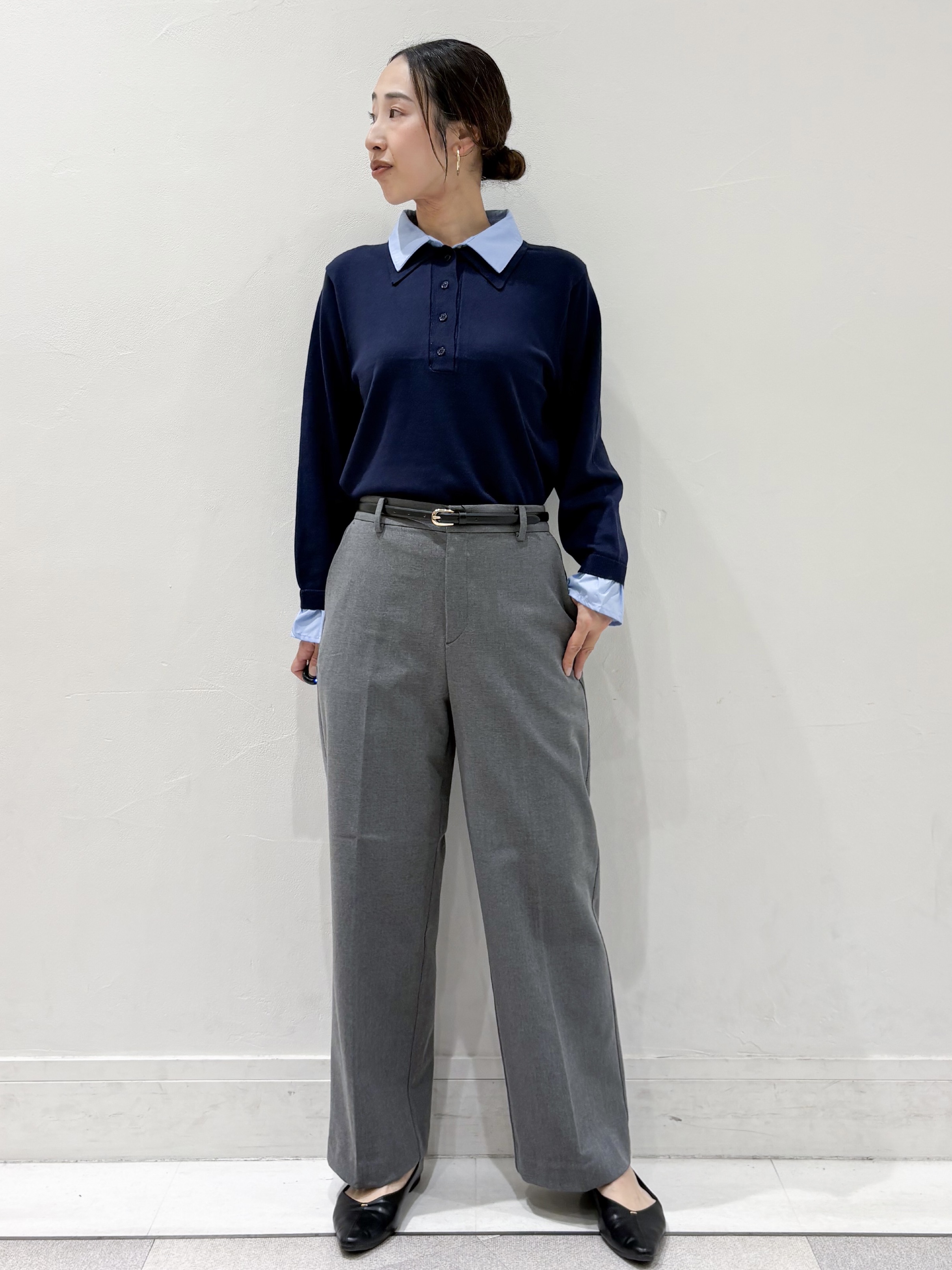 ちえさんの「OPAQUE.CLIP｜シャツレイヤード風ポロニット【洗濯機OK】」を使ったコーディネート