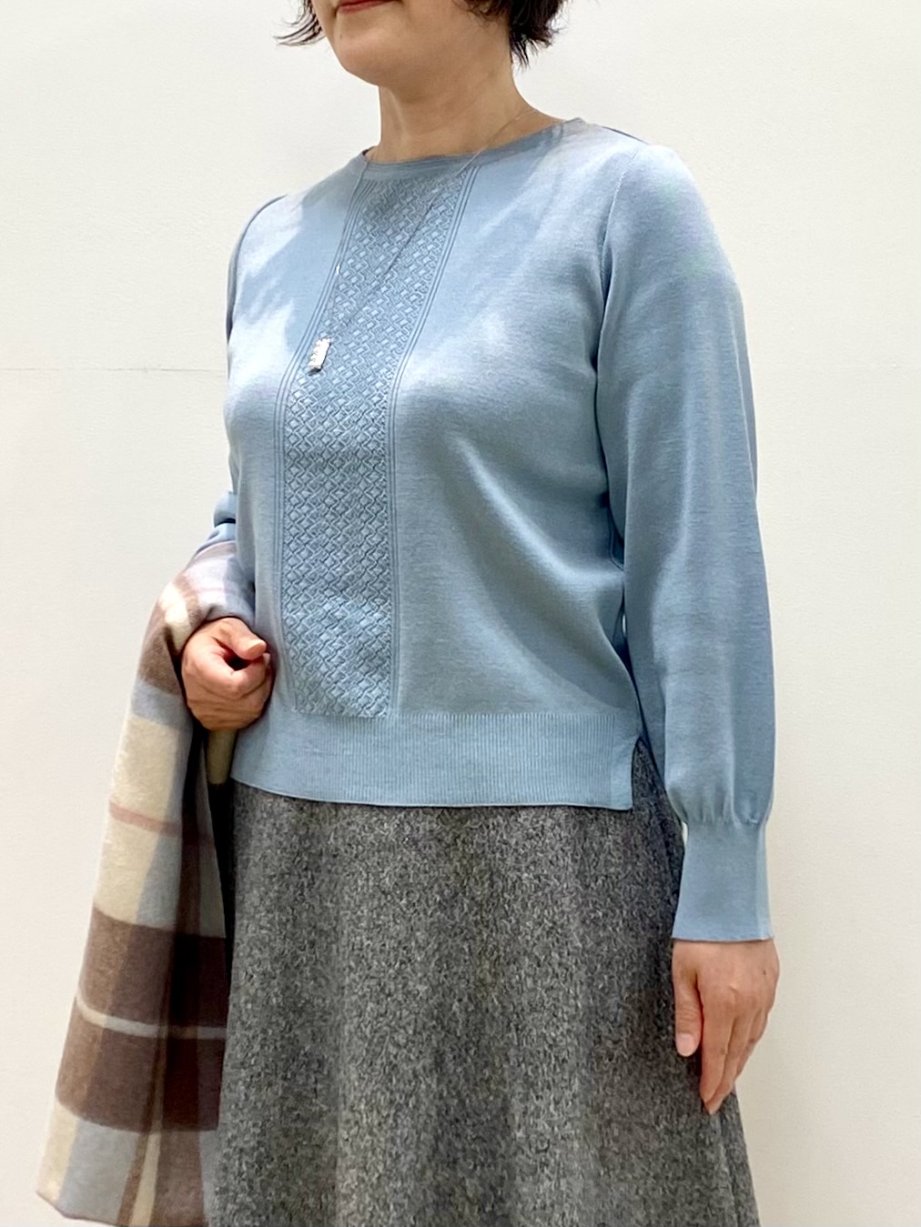 oharaさんの「Reflect｜【マシンウォッシュ】レース風編み柄ニット」を使ったコーディネート