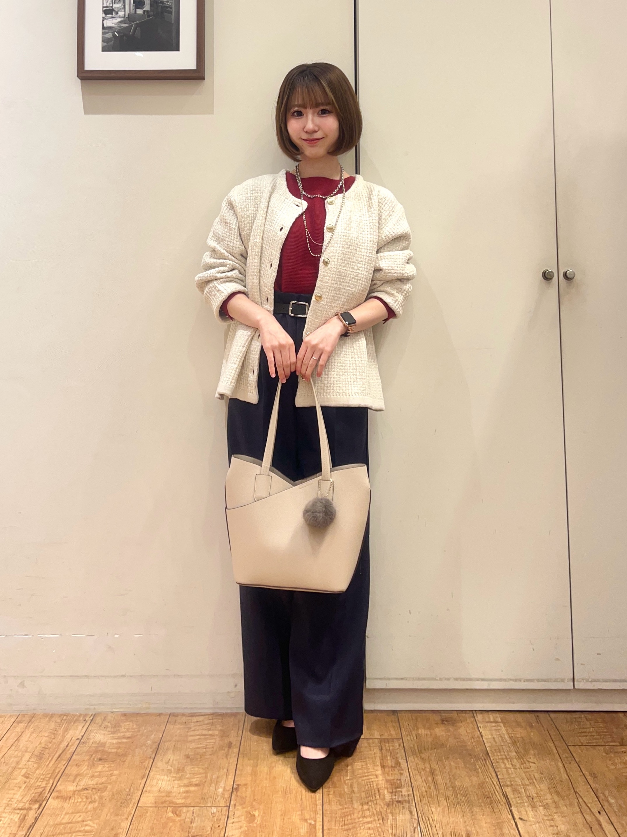 AIRIさんの「SHOO･LA･RUE｜【S-LL/洗濯機可】1枚で華やか ツイード調ニットカーディガン」を使ったコーディネート