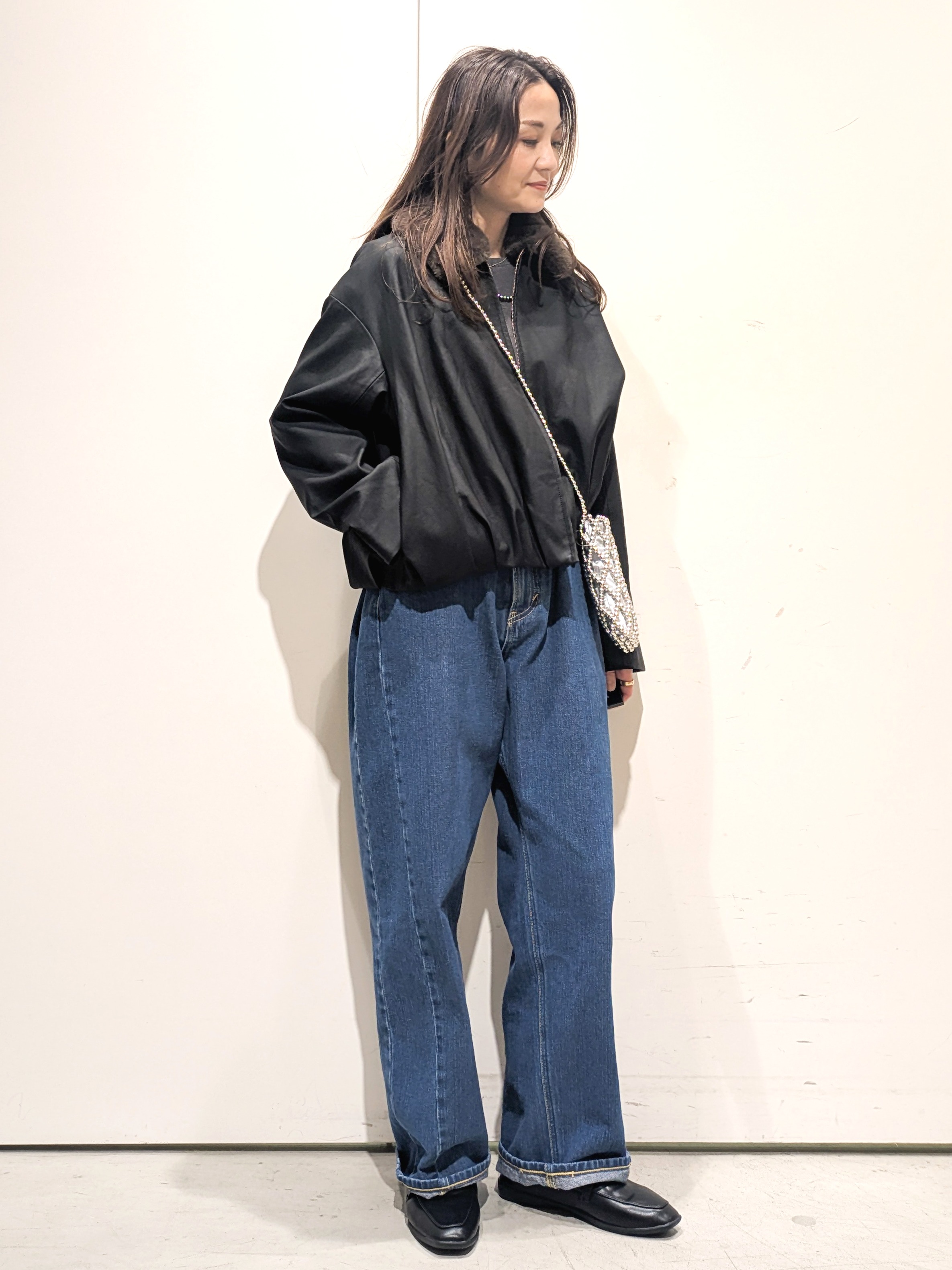 machiさんの「OPAQUE.CLIP｜フェイクファー衿付き マットレザー調ブルゾン【洗える】」を使ったコーディネート