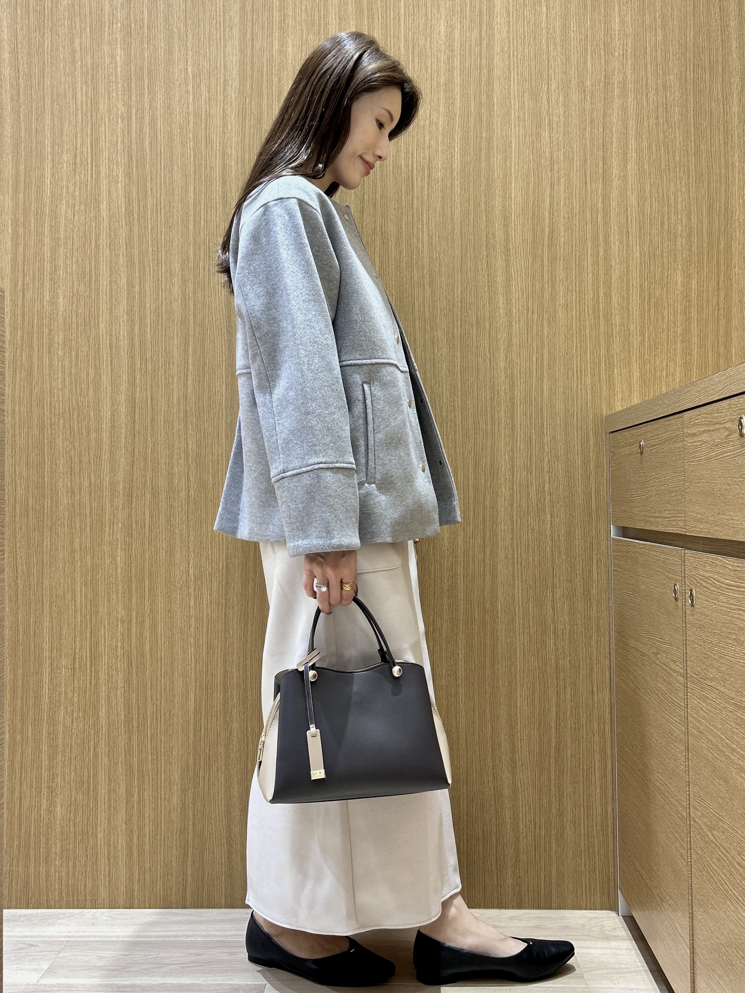 maiさんの「OPAQUE.CLIP｜ウールライク ノーカラーコート【洗濯機OK】」を使ったコーディネート