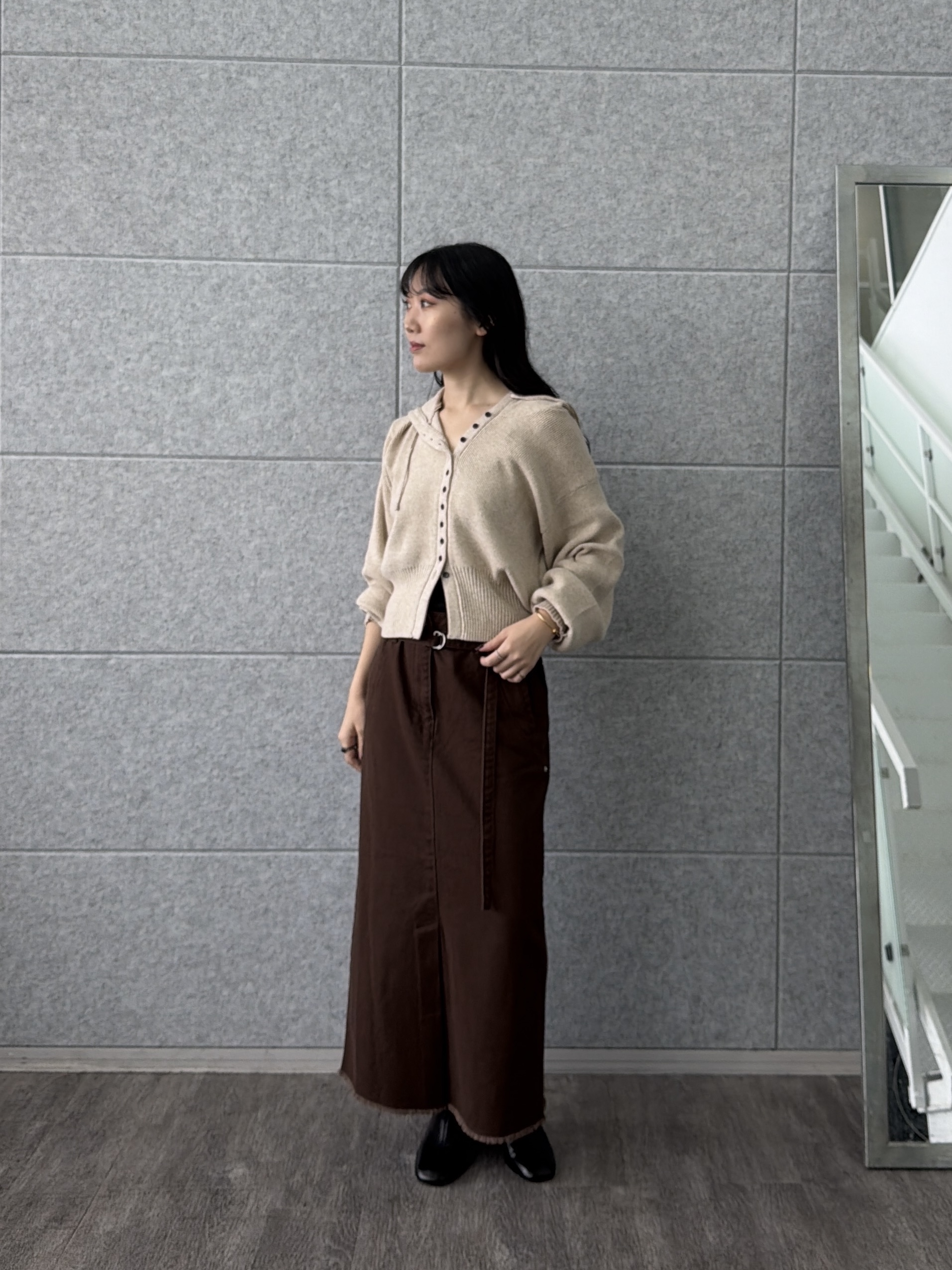 rinaさんの「INDIVI｜フーディニットカーディガン【LIVE紹介／上枝みどりさん着用】」を使ったコーディネート