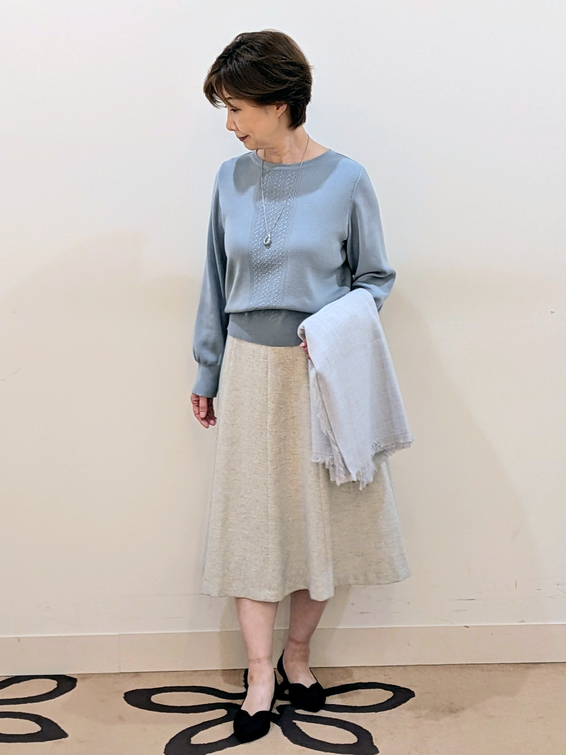 mamiさんの「Reflect｜【マシンウォッシュ】レース風編み柄ニット」を使ったコーディネート