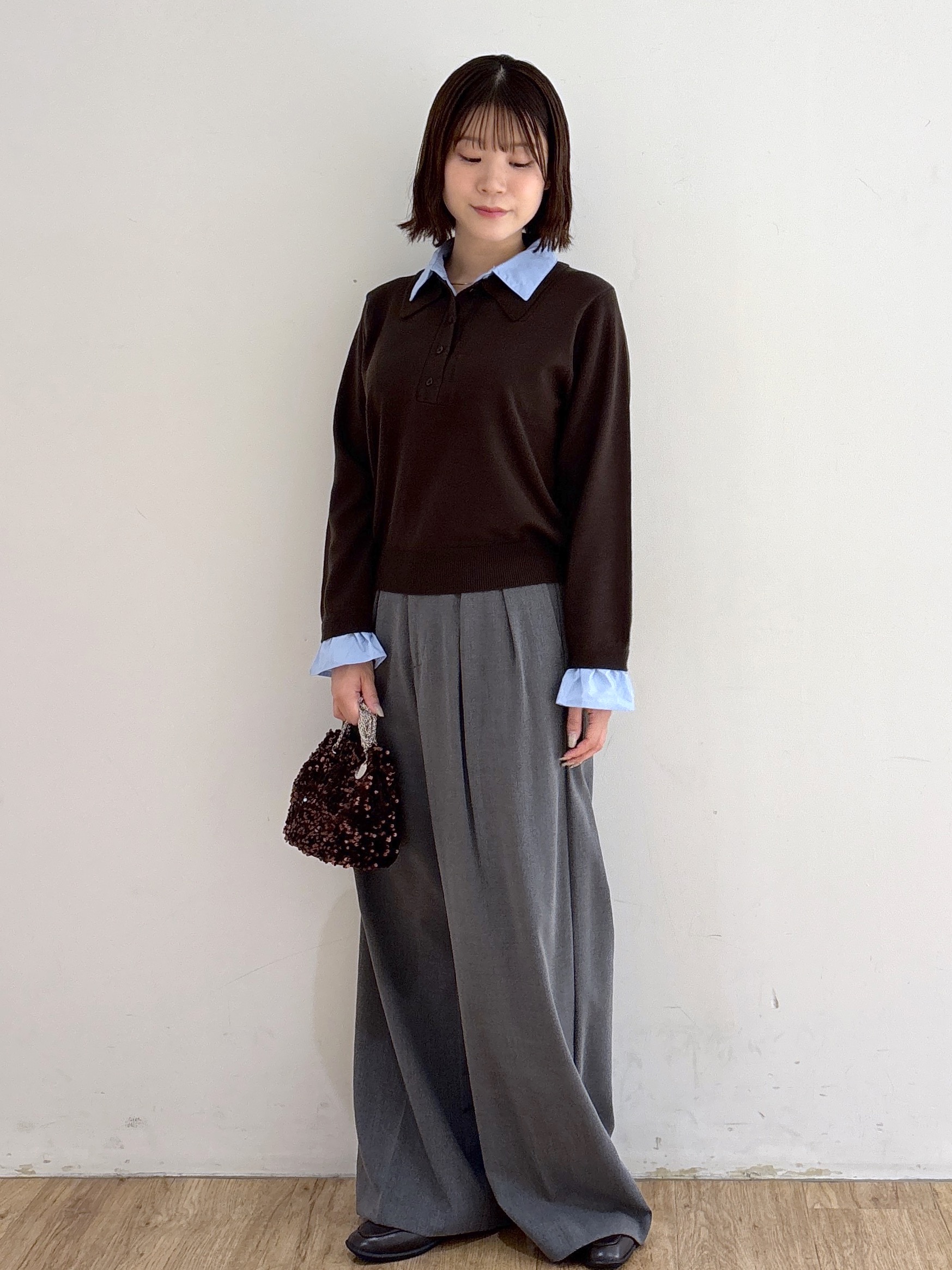 mireiさんの「OPAQUE.CLIP｜シャツレイヤード風ポロニット【洗濯機OK】」を使ったコーディネート