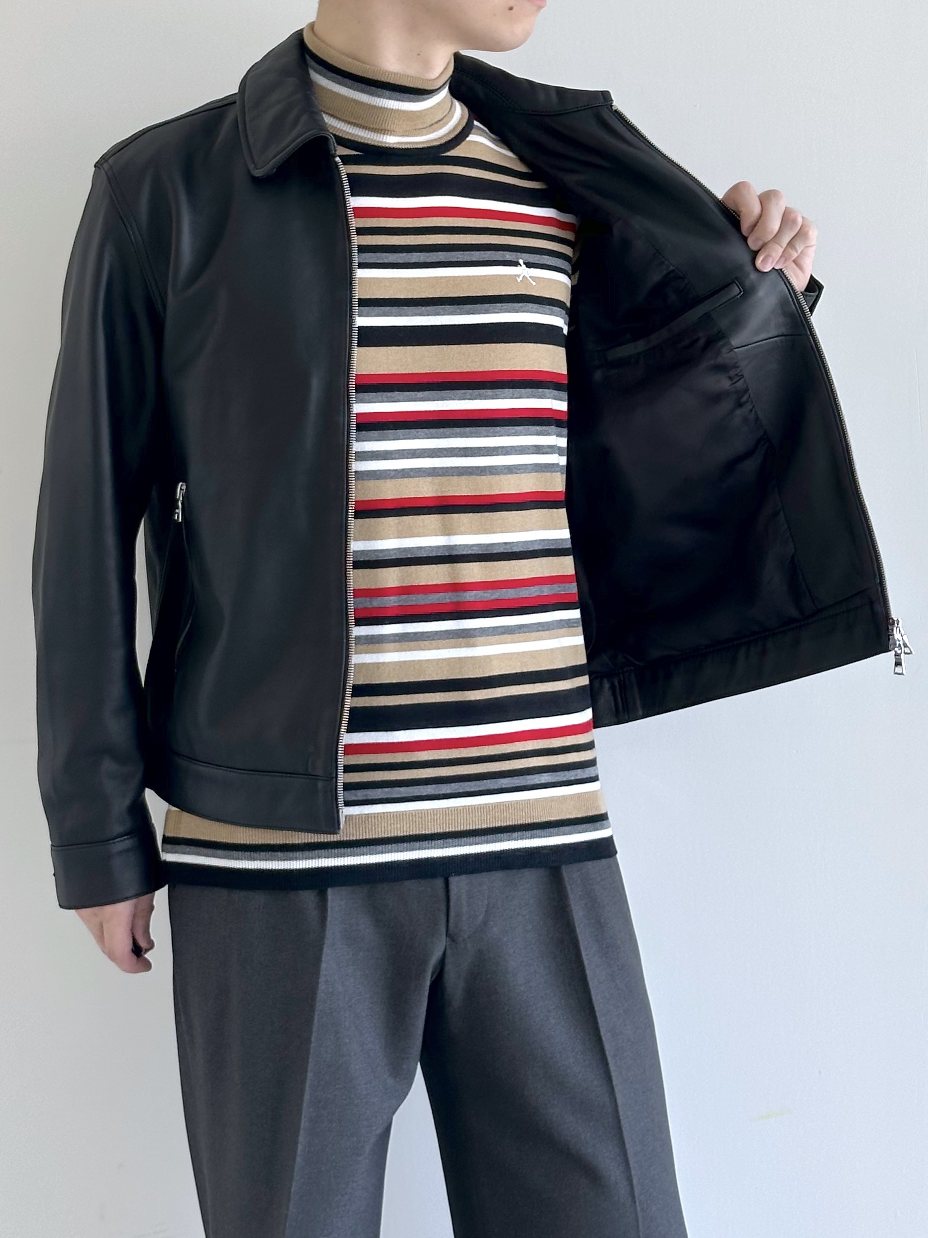 イッシーさんの「TAKEO KIKUCHI｜【BOWLER HAT LABEL】シングルレザーライダースジャケット」を使ったコーディネート