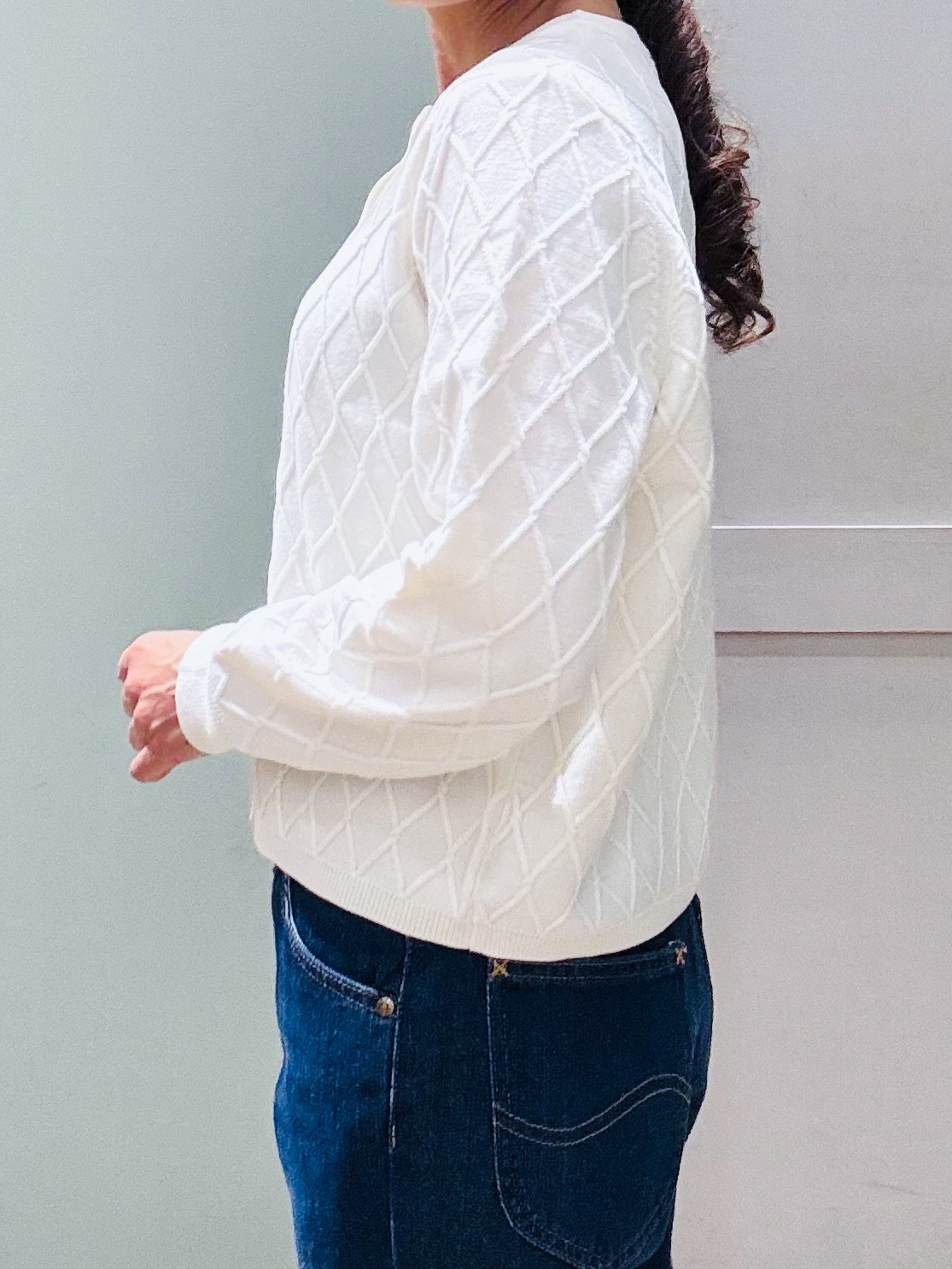Komi☆さんの「grove｜【毛玉軽減】大人上品なダイヤ柄ニットカーディガン」を使ったコーディネート