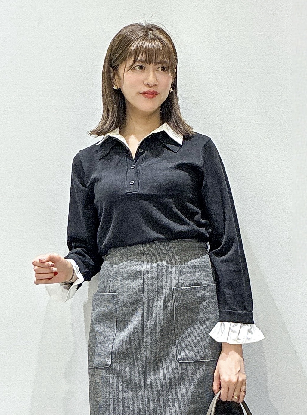 もんちゃんさんの「OPAQUE.CLIP｜シャツレイヤード風ポロニット【洗濯機OK】」を使ったコーディネート